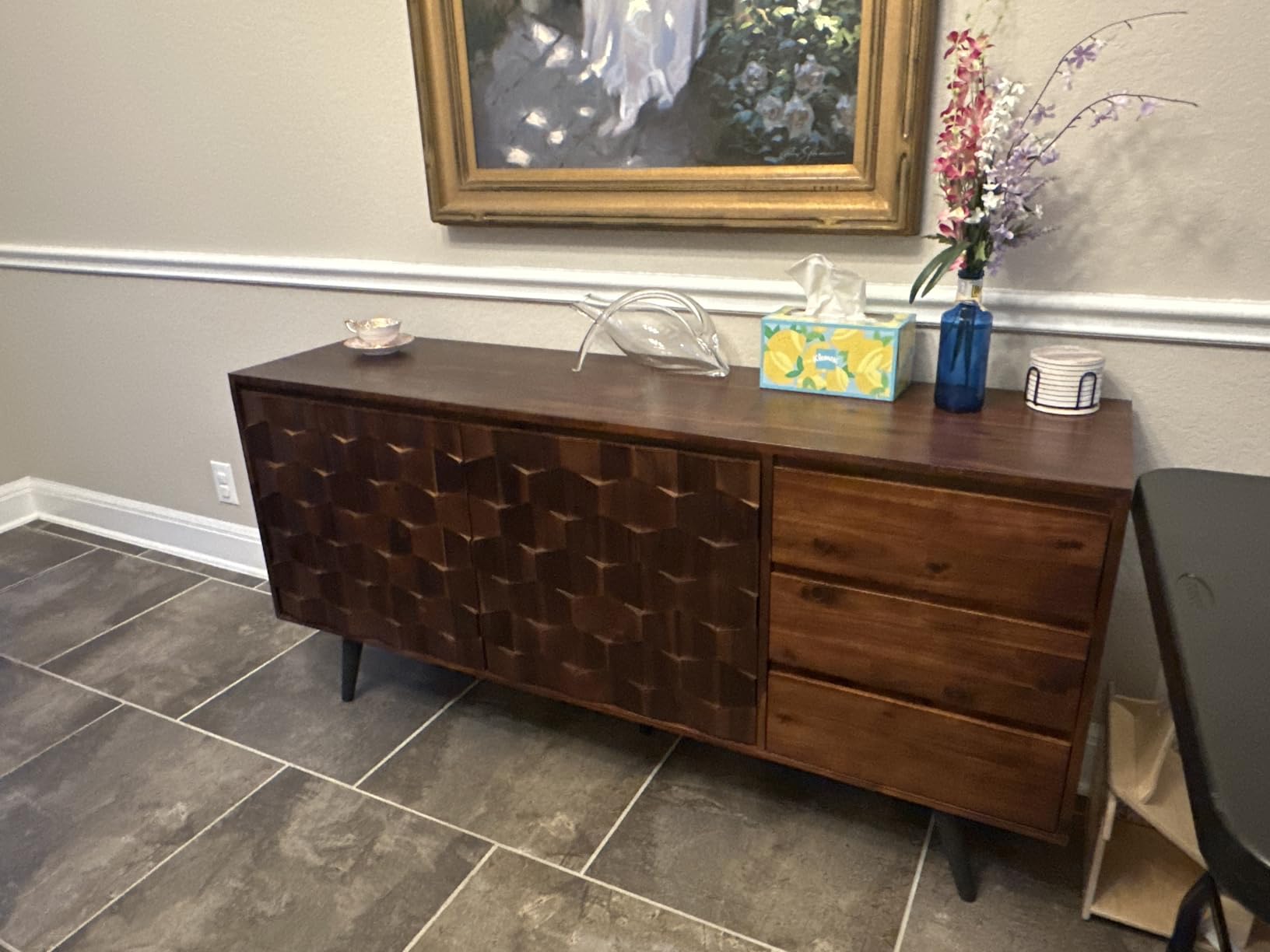 Bme Sideboard Georgina Solid Wood 2 Doors & 3 Drawers, 61'' Mid Century Modern Cabinet with Geometric Pattern, Teak Brown customer photo 1