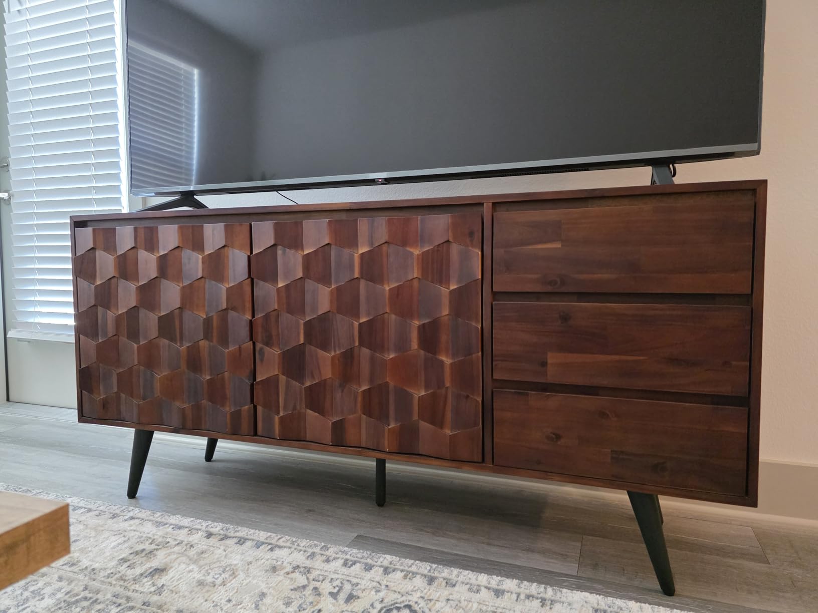 Bme Sideboard Georgina Solid Wood 2 Doors & 3 Drawers, 61'' Mid Century Modern Cabinet with Geometric Pattern, Teak Brown customer photo 2