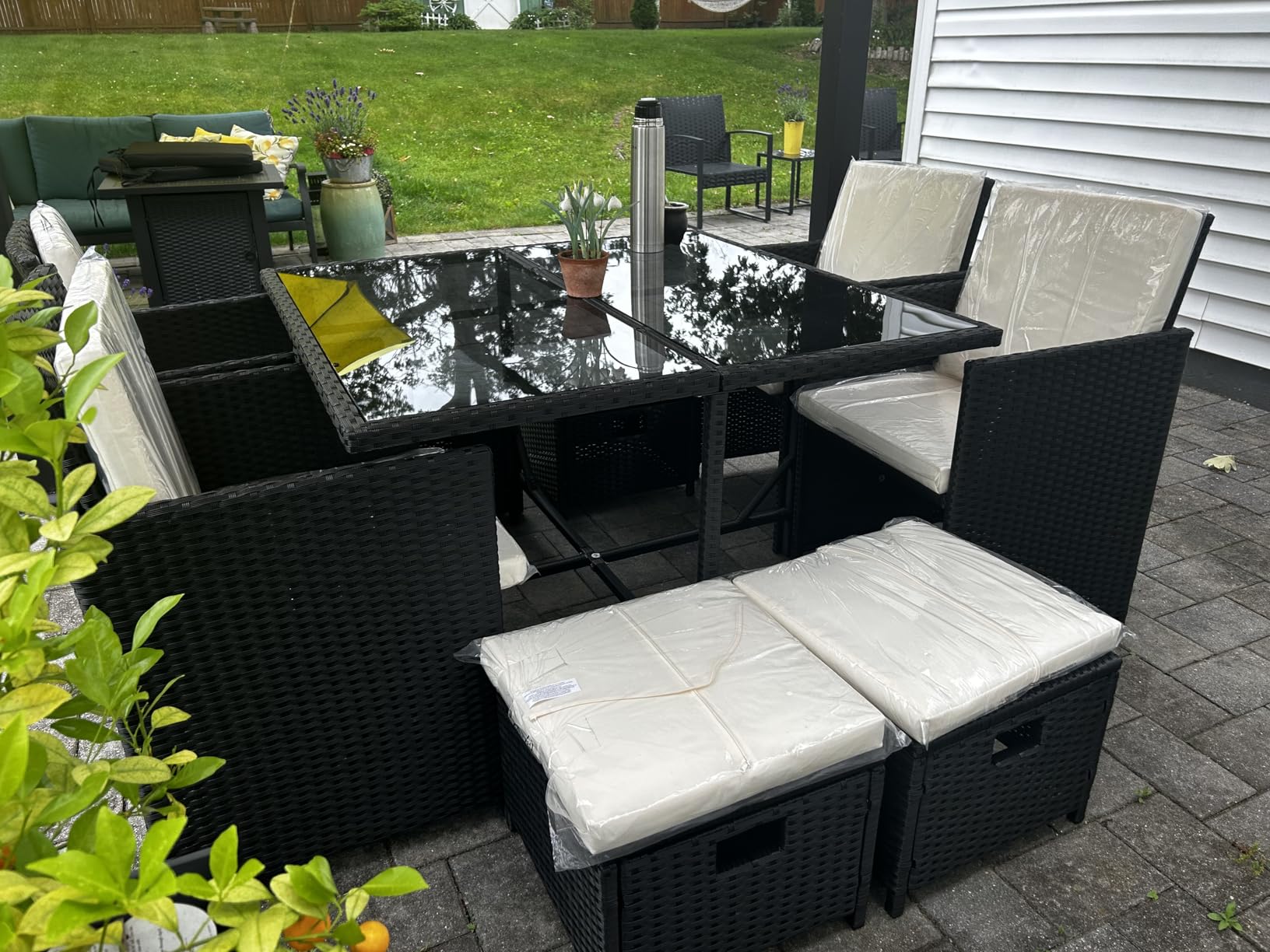 Yaheetech 9-Piece Patio Dining Sets, Outdoor Space Saving Rattan Chairs with Glass Table, Wicker Sectional Conversation Furniture Set with Removeable Cushions customer photo 1