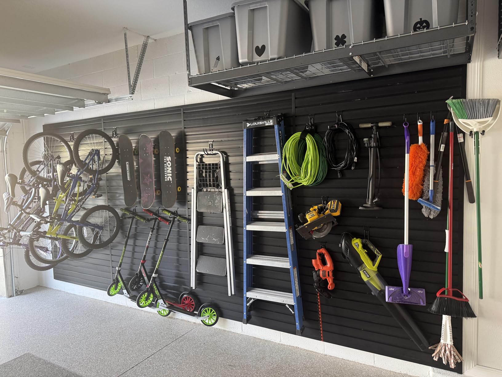 FRAYSCENT Slat Wall Paneling Garage Wall Organizer, Slatwall Panels Garage Tool Organizer Wall Mount Garage Slat Wall Storage Systems, Slat Board PVC Wall Panels Garage Storage (Black, 8ftx4ft) customer photo 1