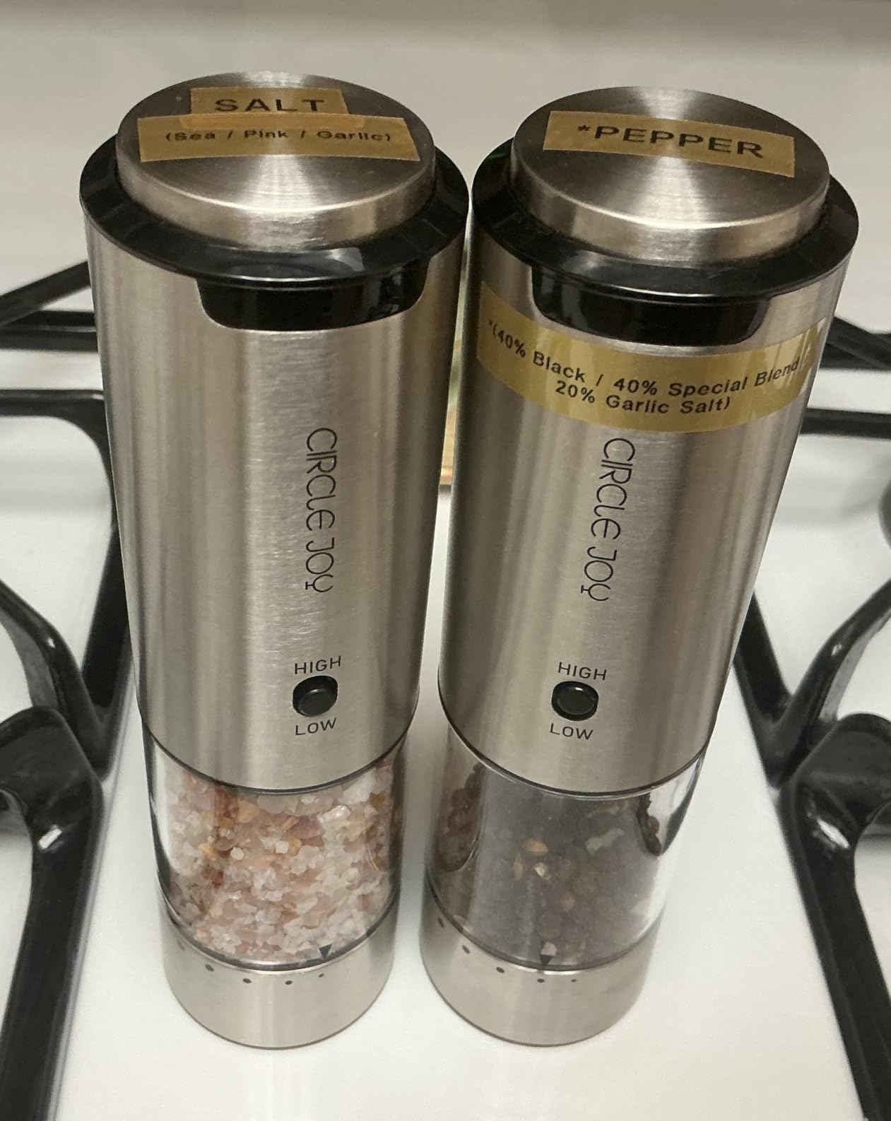 CIRCLE JOY Rechargeable Electric Salt and Pepper Grinder Set with Base, Stainless Steel Pepper Mills with 95ml Container, White LED Light and External Adjustable Coarseness, Silver customer photo 1