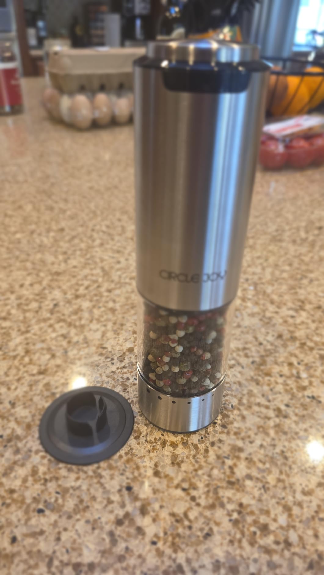 CIRCLE JOY Rechargeable Electric Salt and Pepper Grinder Set with Base, Stainless Steel Pepper Mills with 95ml Container, White LED Light and External Adjustable Coarseness, Silver customer photo 2