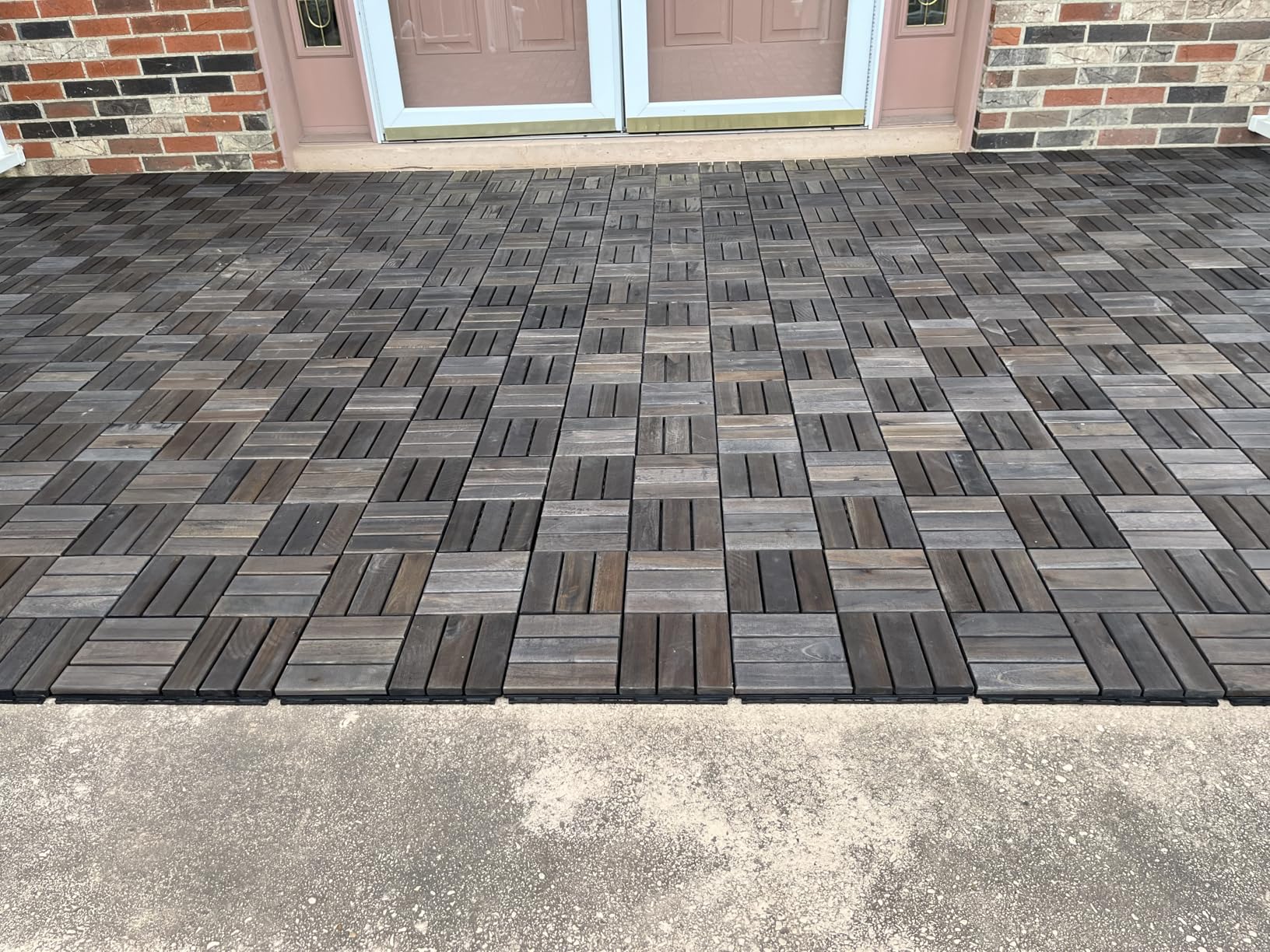 10 Pcs Deck Tiles, Patio Flooring - Outdoor Waterproof Acacia Wood Tiles for All Weather Use - Balcony, Backyard, Indoor & Outdoor (Golden Teak Crossed Pattern, 10 Square Ft) customer photo 1