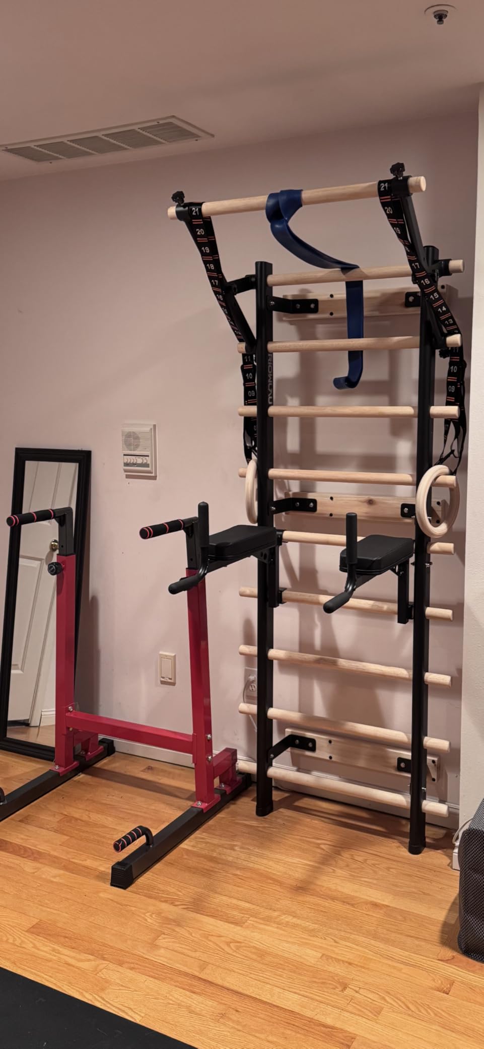 Swedish Ladder, Wood Stall Bar with Suspension Trainer Straps, Pull-Up Dip Bar Attachment, Strategic Rods, for Home, School, hysical Therapy and Gymnastics customer photo 1