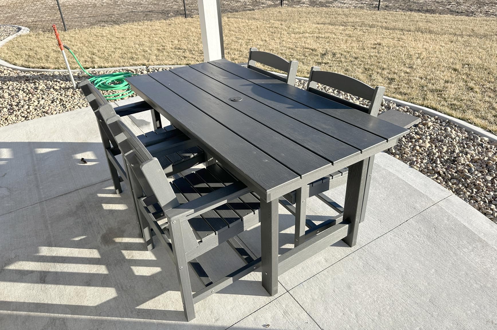 SERWALL 7-Piece Patio Dining Table Sets, Outdoor HDPE Dining Furniture Set with Umbrella Hole Cut-Out Table and 6 Chairs, Blue customer photo 1