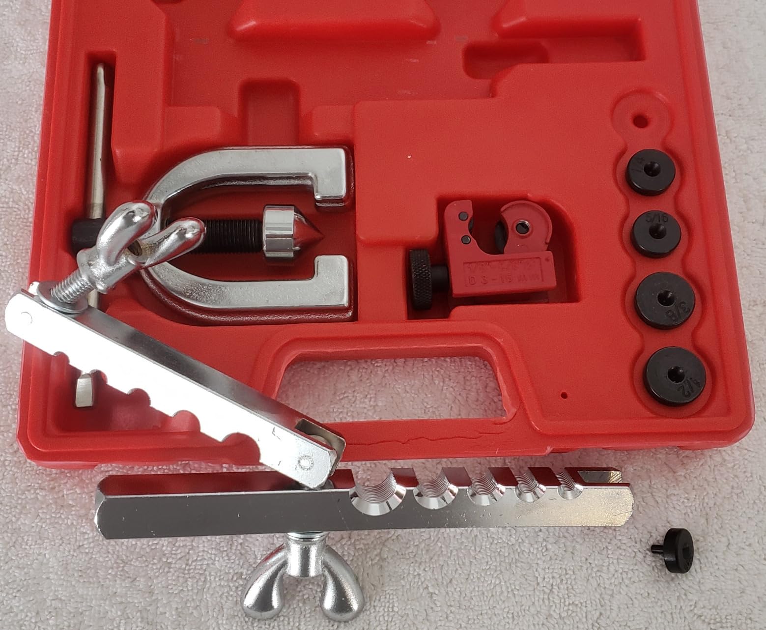 Brake Line Double & Single Flaring Tool Kit with Tubing Cutter, Brake Line Repair Kit for Copper, Aluminum, Brake Line and Brass Tubing, Flare Tool kit Includes 5 Adapters, 45 Degrees customer photo 1