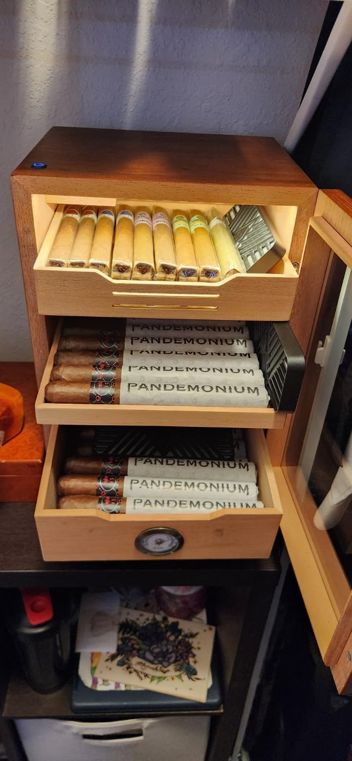 Cigar Humidor, Desktop Cigar Humidor Cabinet Light Control System with Spanish Cedar Wood Shelves, Hygrometer, 3 Humidifiers and Cigar Accessories Drawer customer photo 1