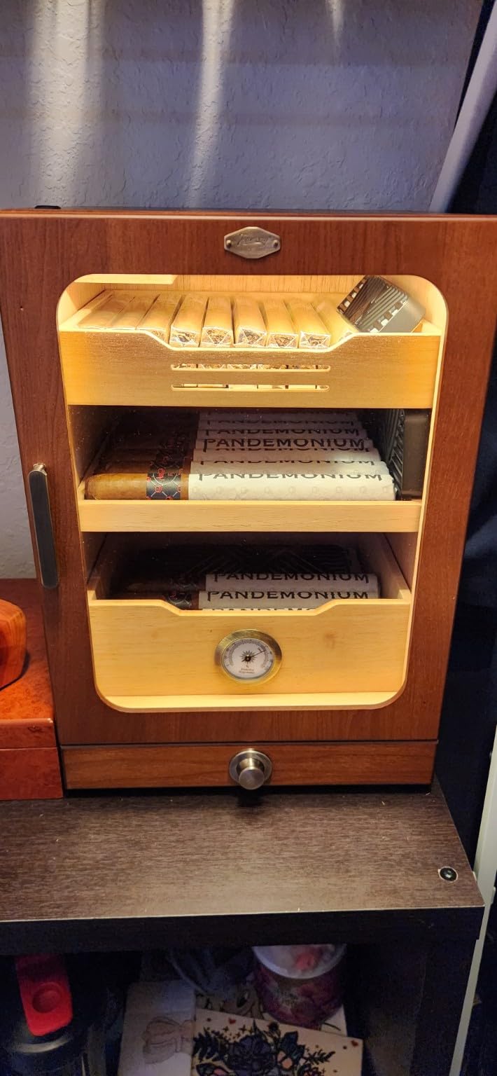 Cigar Humidor, Desktop Cigar Humidor Cabinet Light Control System with Spanish Cedar Wood Shelves, Hygrometer, 3 Humidifiers and Cigar Accessories Drawer customer photo 2