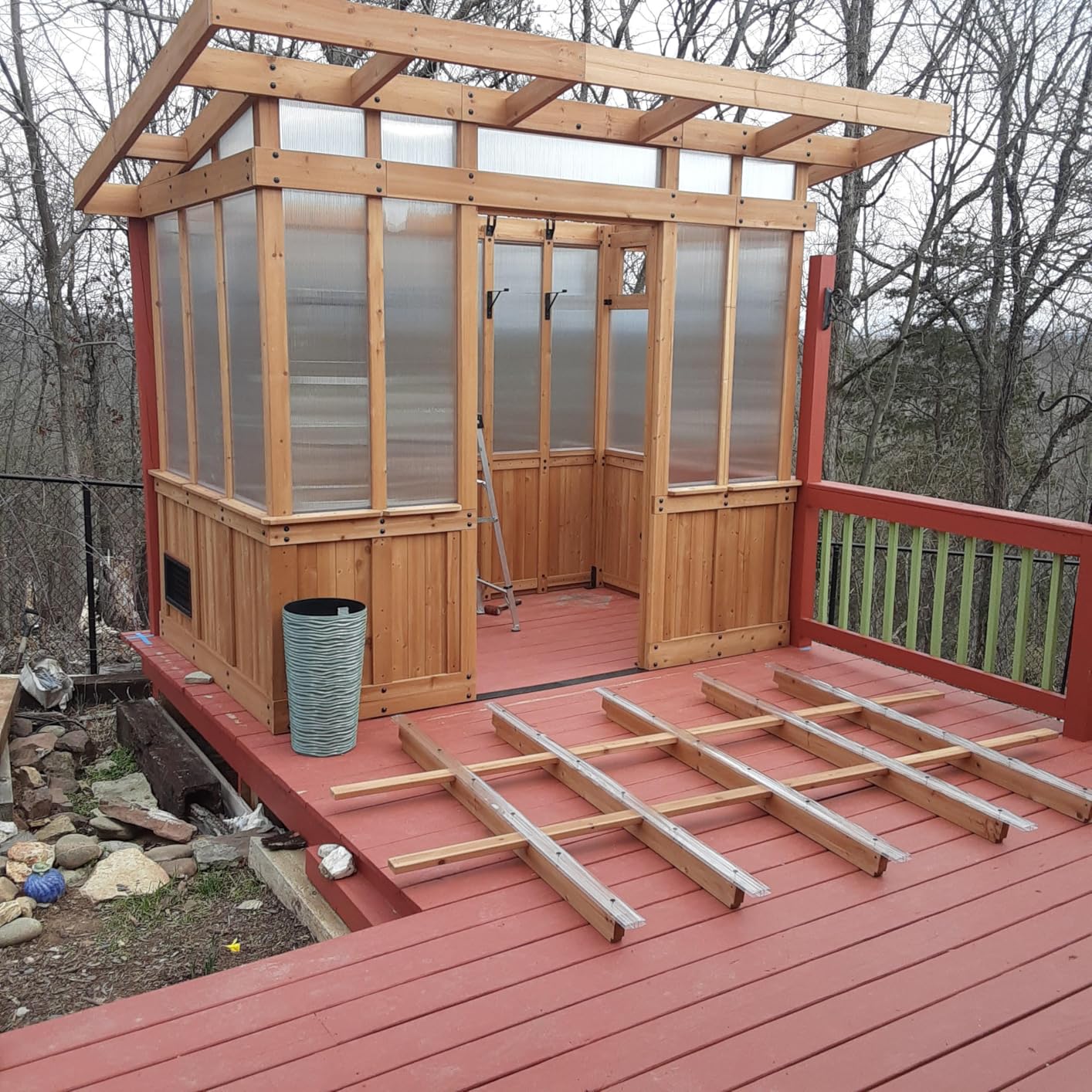 Backyard Discovery Willow 9 x 6 Cedar Wood and Polycarbonate Walk-in Greenhouse Kit with Exhaust Fan, Windows, Hose Hook-Ups, PowerPort, Staging Shelves for Year-Round Outdoor Gardening customer photo 1
