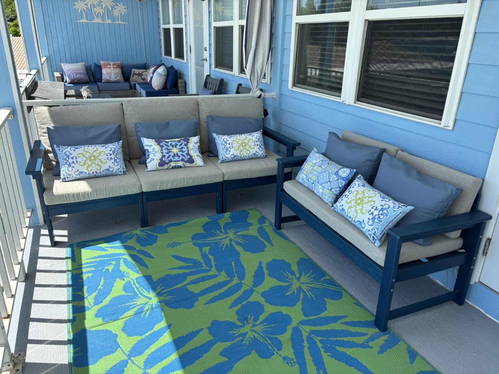 SERWALL HDPE Patio Furniture Set, 7-piece Outdoor Sectional Sofa Set, All Weather Outdoor Couch Set for Deck, Lawn, Blue Frame with Khaki Cushion customer photo 1