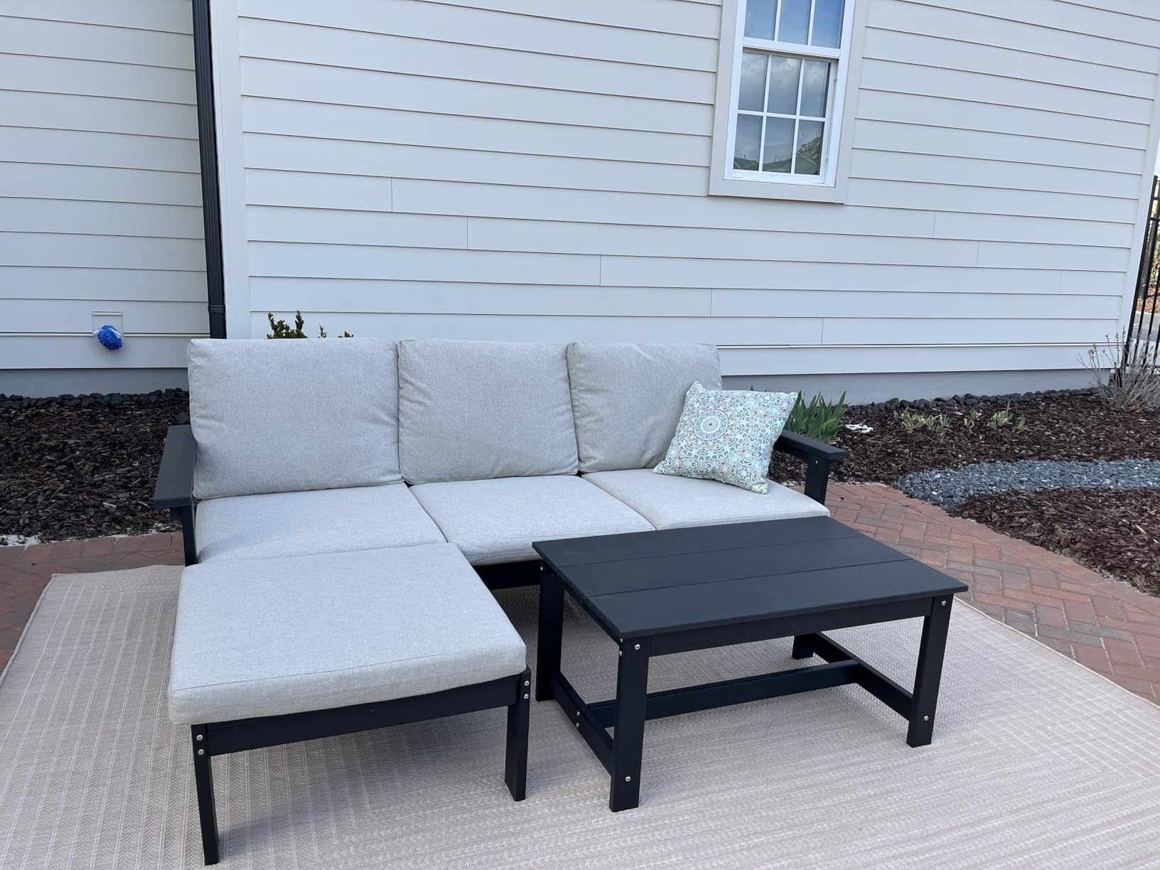 SERWALL HDPE Patio Furniture Set, 7-piece Outdoor Sectional Sofa Set, All Weather Outdoor Couch Set for Deck, Lawn, Grey Frame with Khaki Cushion customer photo 1
