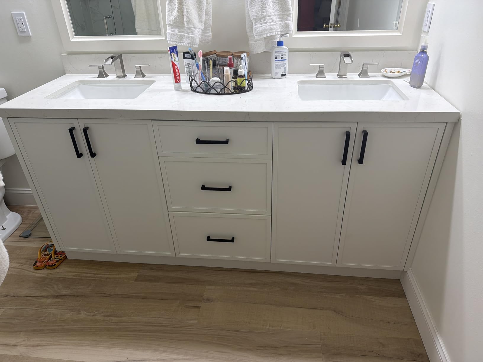 ARIEL Hamlet 72-inch Bathroom Vanity with Sink, Solid Wood, 1.5-inch Carrara White Quartz Countertop & Backsplash, Double Rectangular Porcelain Sink, 4 Soft Closing Doors, 3 Dovetail Drawers, Black customer photo 1