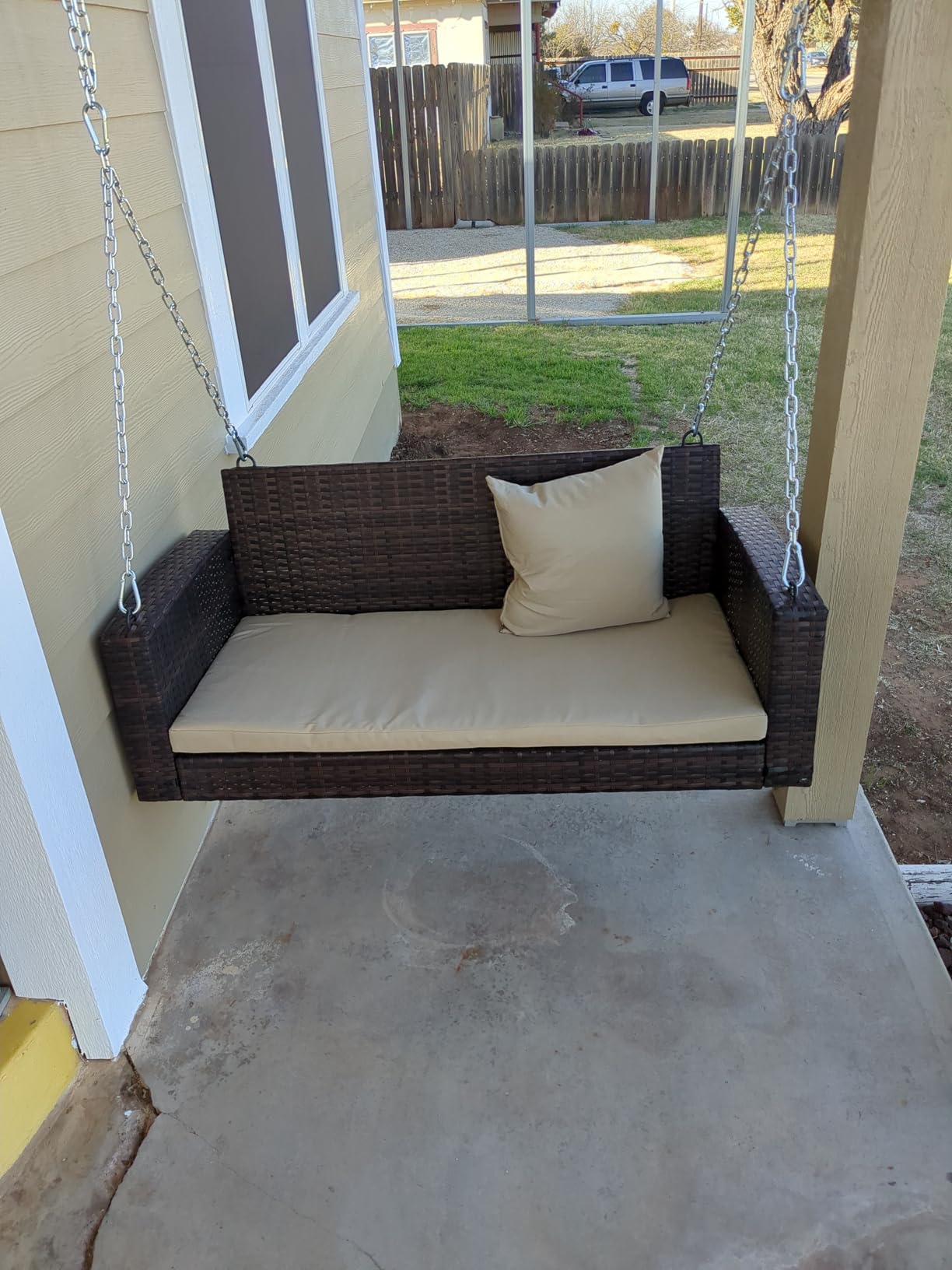 VINGLI 4 FT Rattan Porch Swing Outdoor Support 800 LBS with Cushions & Adjustable Chains, Patio Wicker Swing Bench Chair for Garden, Yard, Lawn, Tree, Grey customer photo 2