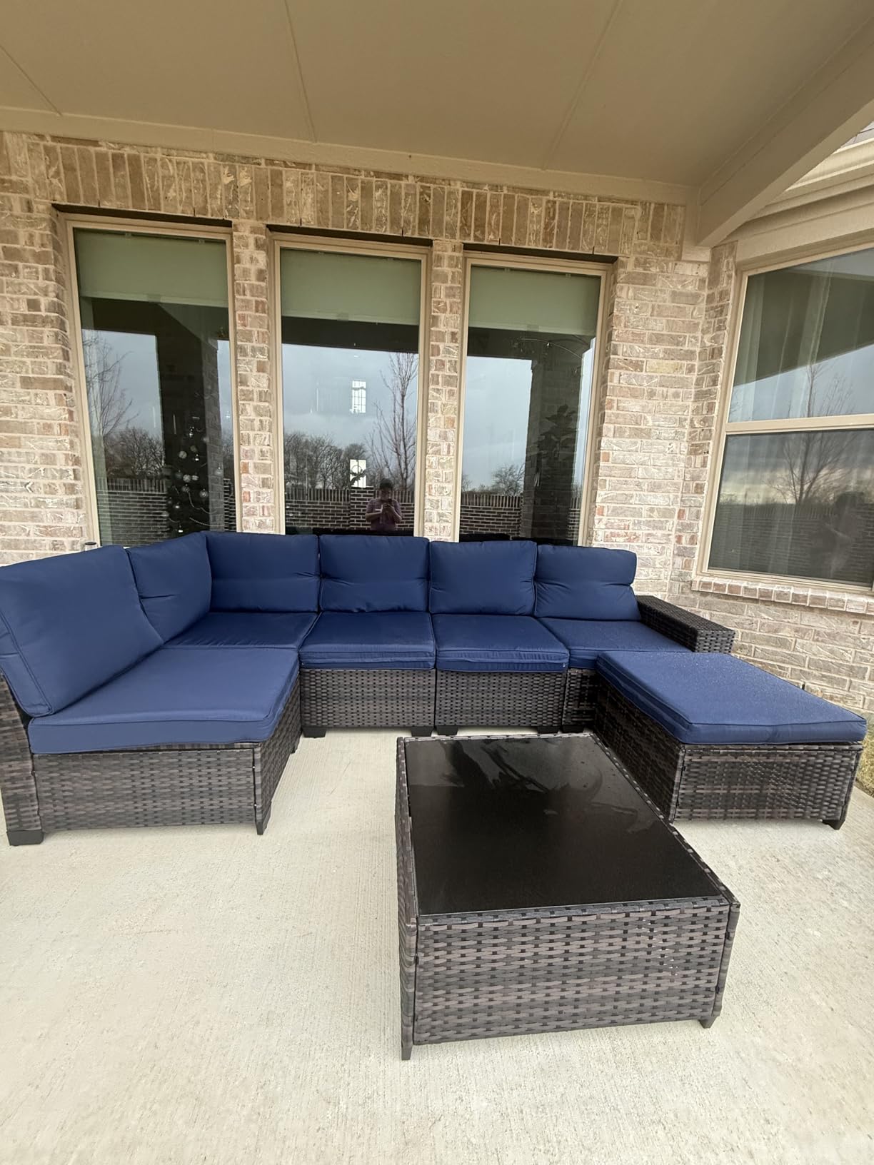 5 Pieces Patio Furniture Set All-Weather Outdoor Wicker Sectional Conversation Sofa Rattan Patio Seating Sofa with Cushion and Glass Table and Ottoman for Porch, Beige customer photo 2