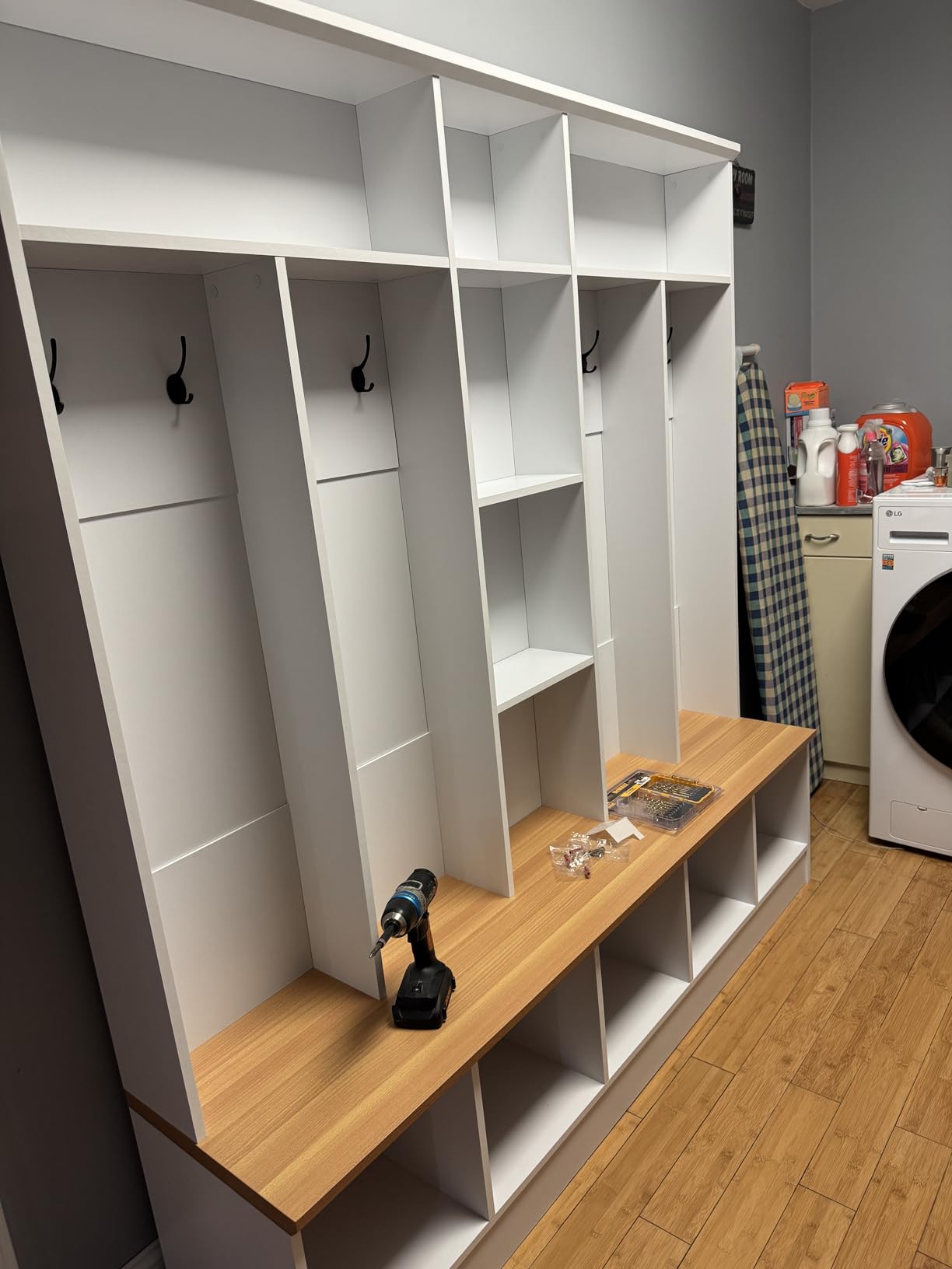 LUMISOL Wide Entryway Hall Tree with 8 Hooks, 66.9 Inch Extra Large Hallway Coat Rack with Storage Bench, Shoe Cabinet with Cube Storage and Shelves for Mudroom Living Room, White customer photo 1