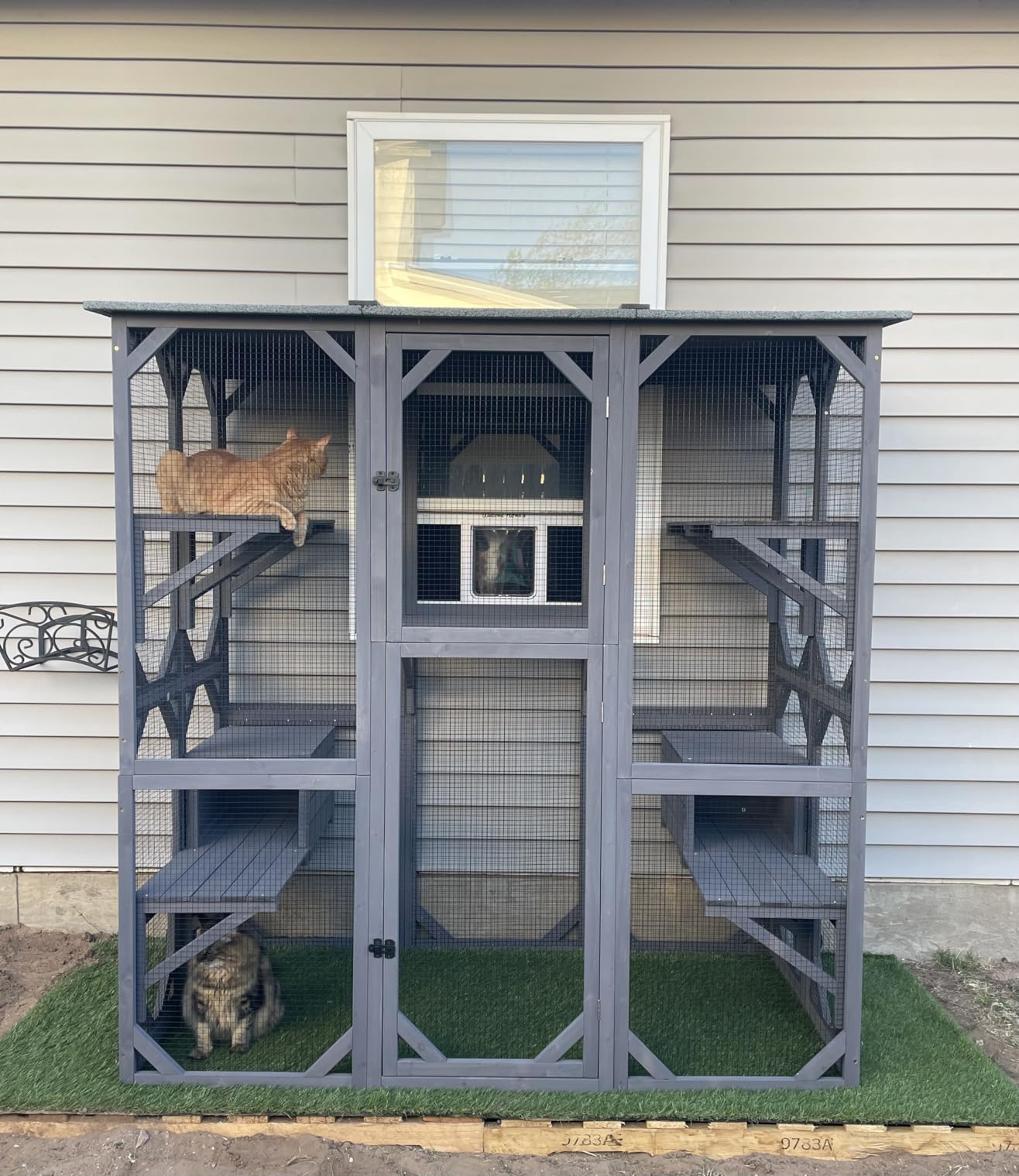 Aivituvin Catio Outdoor Cat Enclosure with 7 Platforms, 2 Resting Boxes, Large Window Cat House for 4-6 Mulitiple Cats Walk in Kitty Cage with Weatherproof Tarp Roof 70