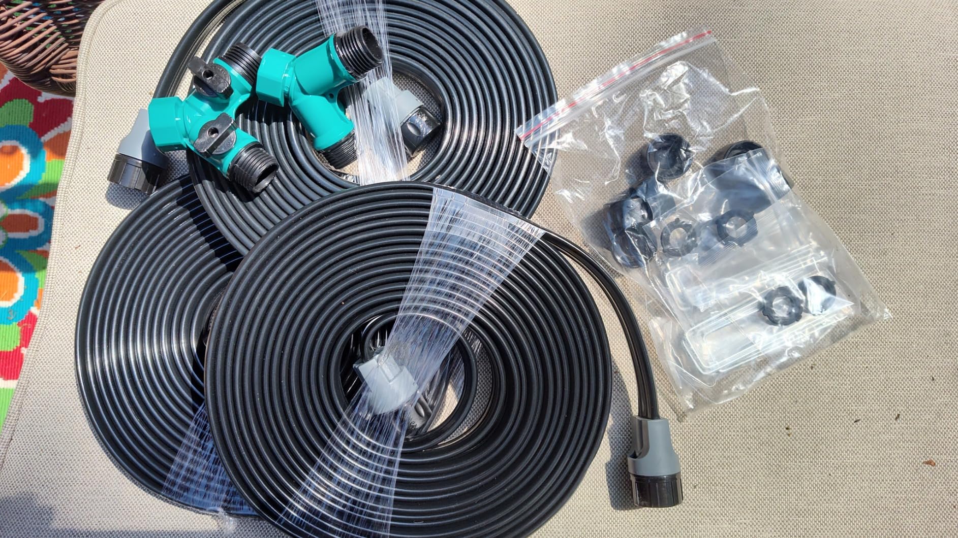 Sprinkler Hose with Holes, Flat Soaker Hose 100 Ft (25 ft 4pack) with Garden Staples and Splitters, Watering Drip Irrigation Hoses for Lawn, Vegetable and Garden Beds (100 ft) customer photo 1