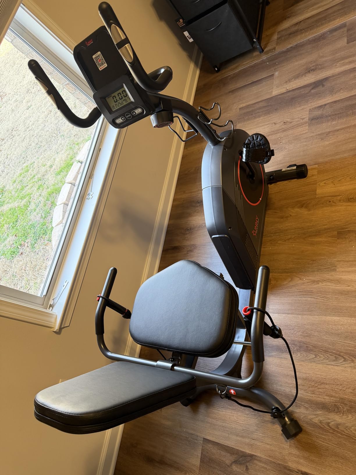 Sunny Health & Fitness Smart Recumbent Bike, Wide Cushioned Seat & Back, Indoor Cycling Machine for Adult/Seniors Home Exercise, Free SunnyFit App Connection customer photo 1