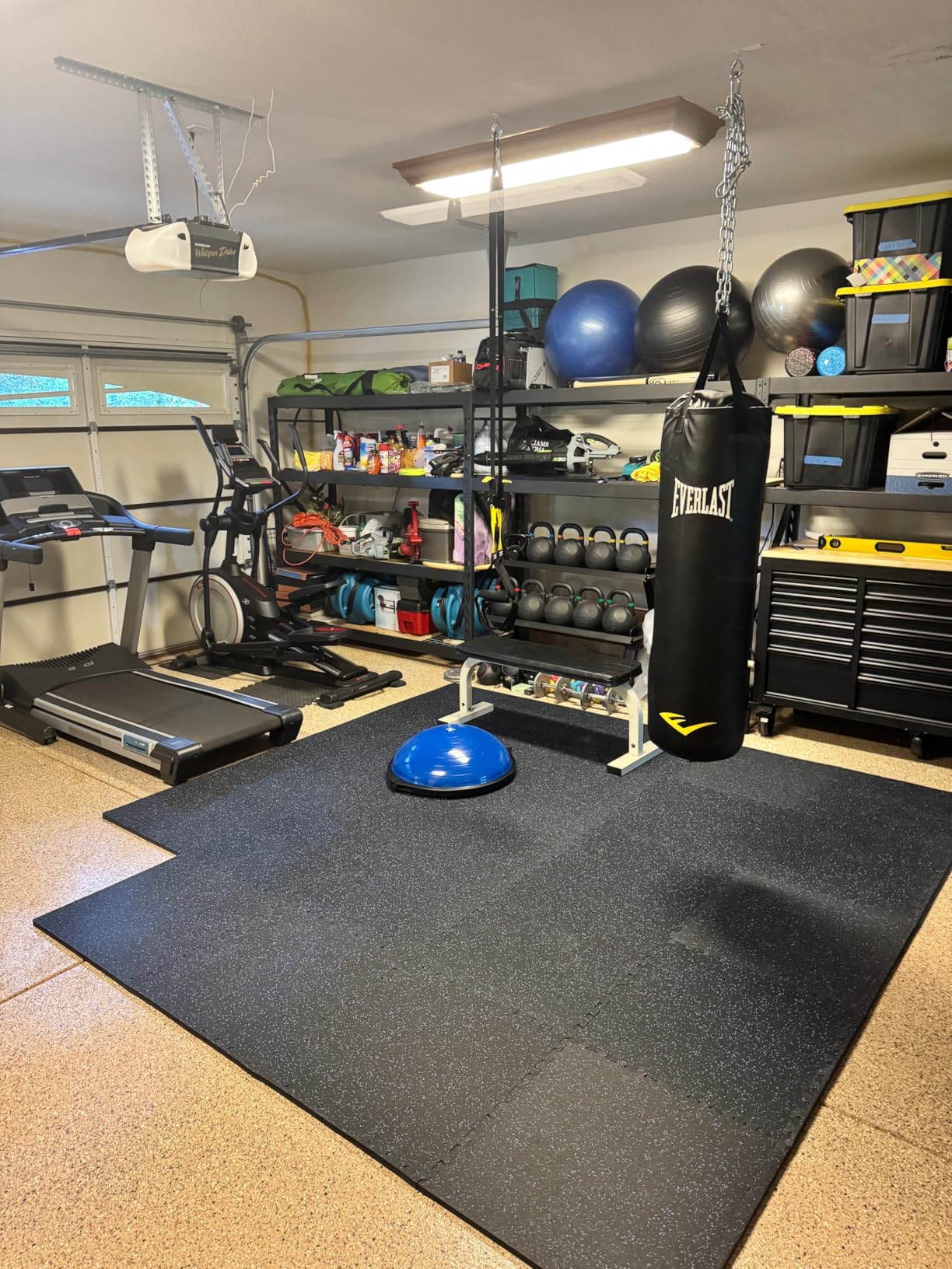 AIRHOP 0.79in Thick 48 Sq Ft Exercise Equipment Mats, 12 Tiles Upgraded Rubber Top with High Density EVA Foam, Large Interlocking Puzzle Gym Flooring for Home Gym, Heavy Weight Workout, Black & White customer photo 1