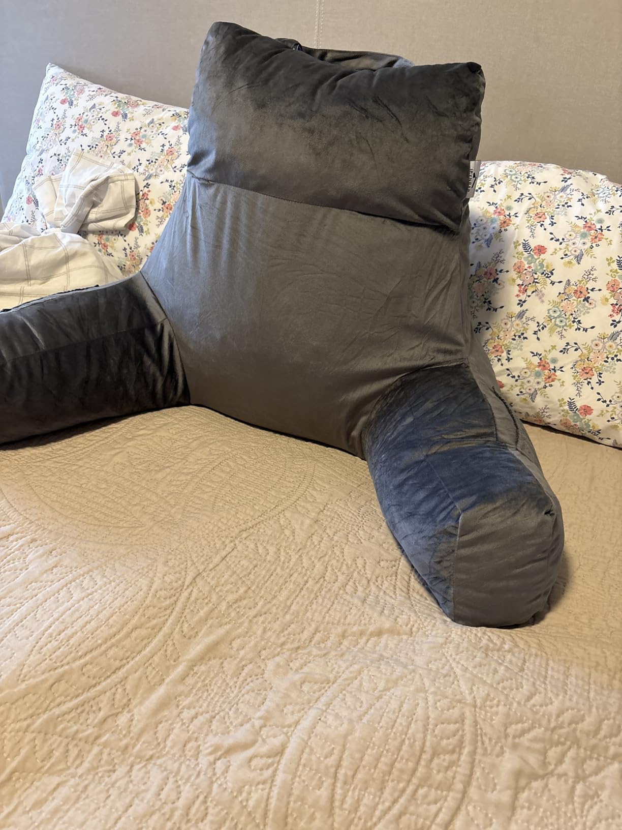 Back Pillow for Bed Sitting up, Reading Pillow for Sitting in Bed Adult, Back Support Pillow, Memory Foam Sit up Lounge Backrest Pillow with Arms for TV, Couch, Chair, Dorm, 18 Inch, Grey customer photo 1