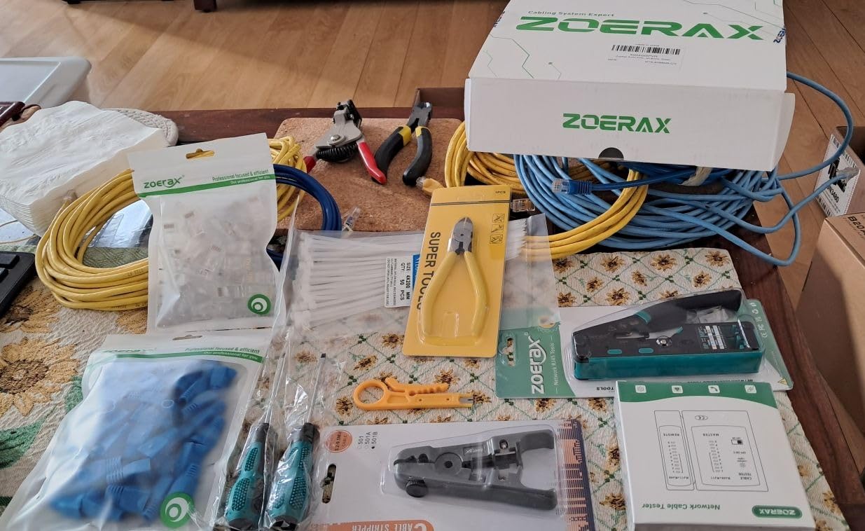 Ethernet Crimping Tool Kit RJ45 Crimp Tools,CAT5 Cat5e Cat6 RJ45 Crimping Tool Kit With Cable Tester, Multiply Stripper, Blades,50Pcs Cat 6 Pass Through Connectors and Strain Relief Boots customer photo 1