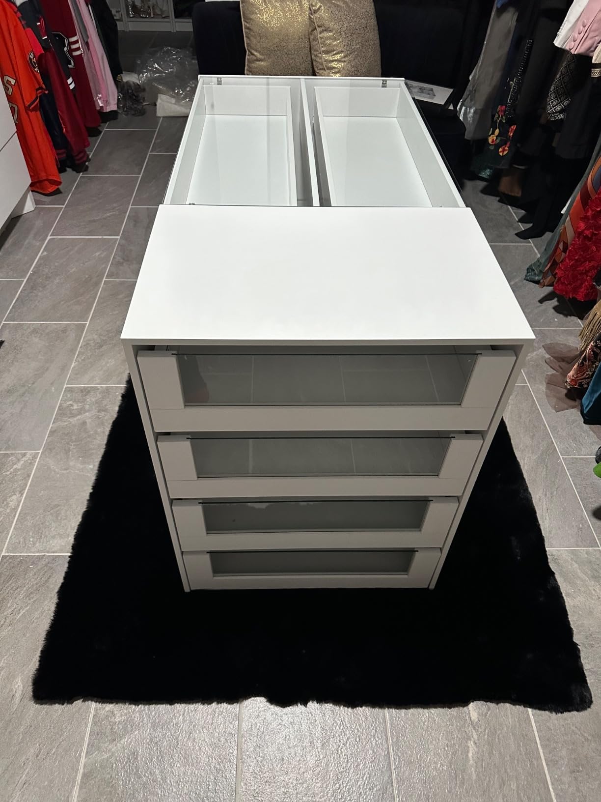 MOUMON Makeup Vanity Storage Island with Drawers and Shelves, Wardrobe Closet Island with Glass Tabletop, for Dressing Room Cloakroom White (47.2''W x 23.6''D x 31.5''H) customer photo 1