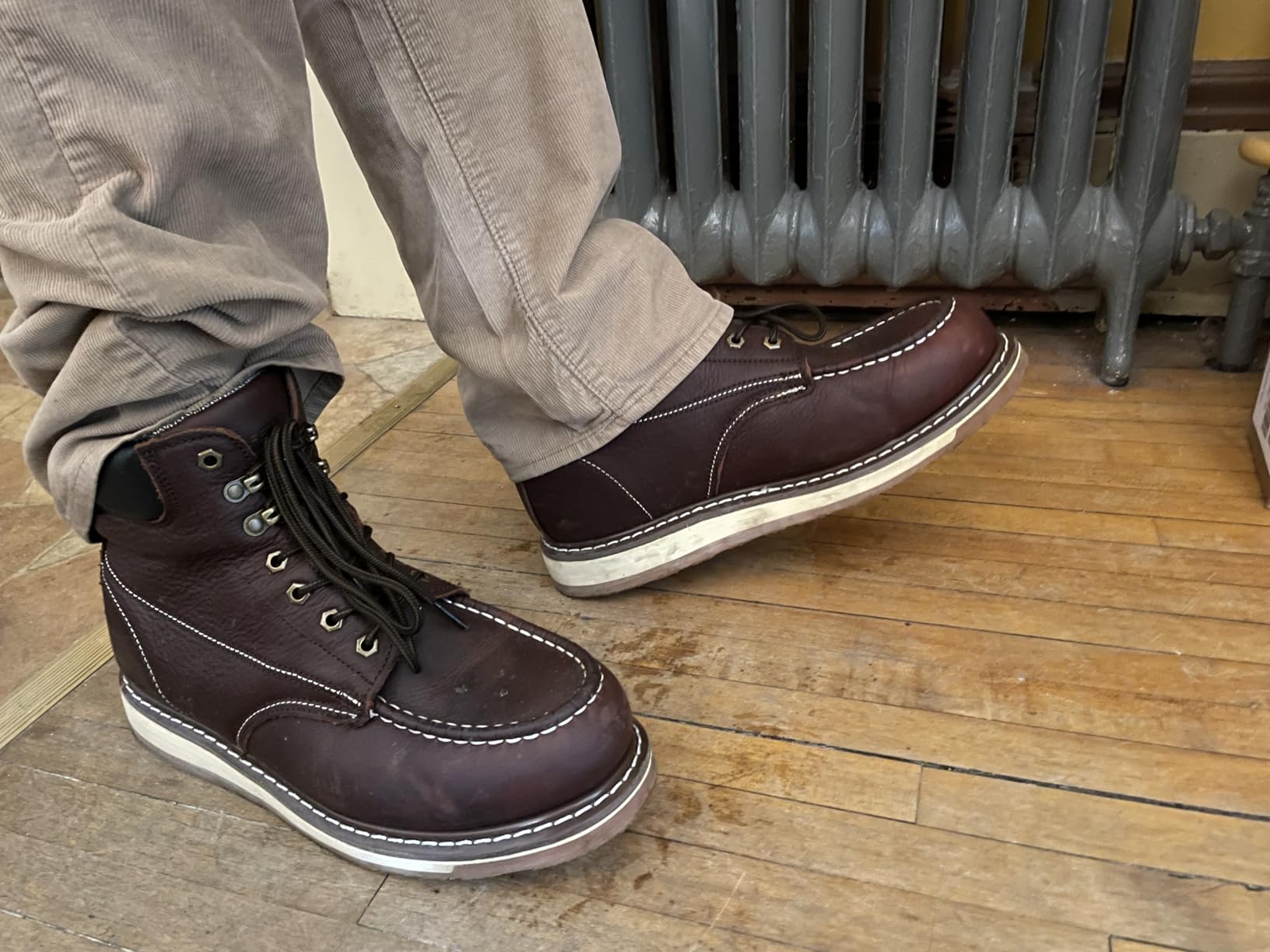 Moc Toe Work Boots for Men Waterproof Soft/Steel Toe Comfortable Full Grain Leather Non Slip Wedge Outsole Construction 6