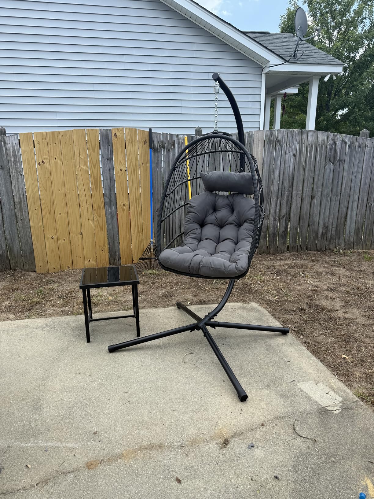 LEVELEVE Hanging Egg Chair with Stand, Patio Rattan Wicker Swing Chair, Oversized Hammock Seat for Bedroom Porch Garden, Thickened Steel Frame & UV Resistant Cushion, 350LBS Capacity（Grey) customer photo 1