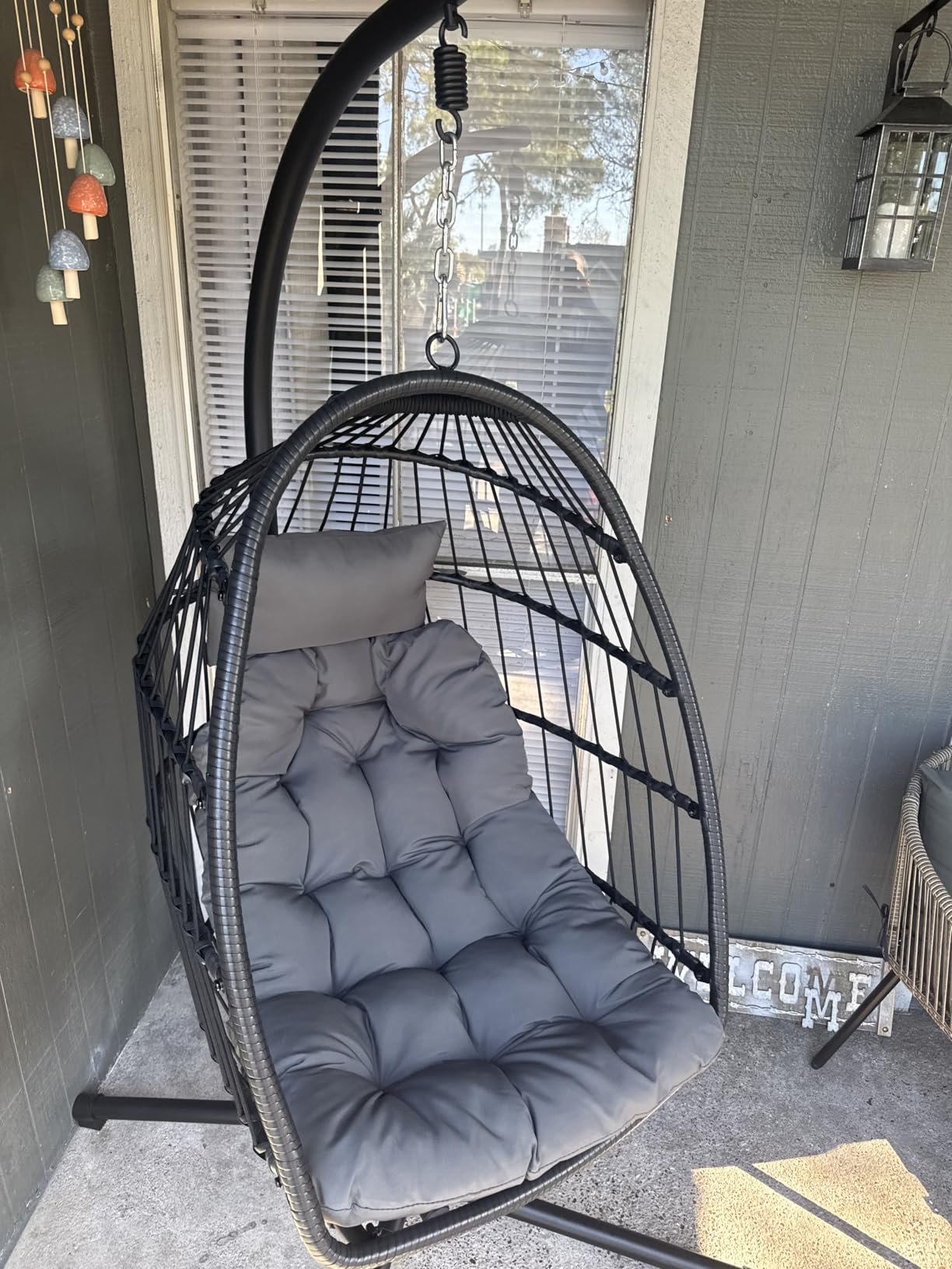 LEVELEVE Hanging Egg Chair with Stand, Patio Rattan Wicker Swing Chair, Oversized Hammock Seat for Bedroom Porch Garden, Thickened Steel Frame & UV Resistant Cushion, 350LBS Capacity（Grey) customer photo 2