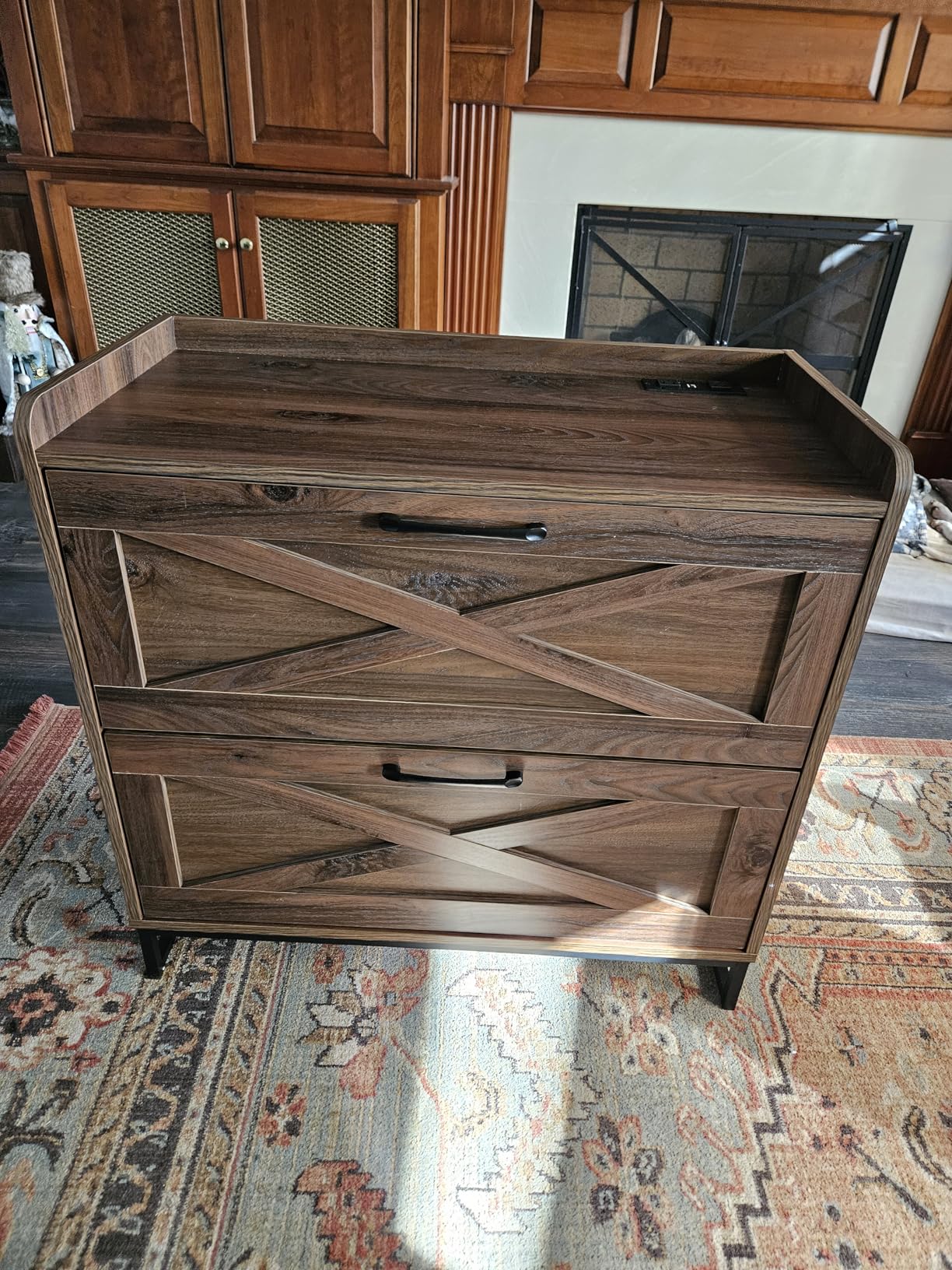 File Cabinet 2 Drawers Lateral File Cabinet with Charging Station for Letter/Legal/A4 Size Hanging Files, Large Wood File Storage Cabinets Printer Stand for Home Office, Dark Walnut customer photo 2