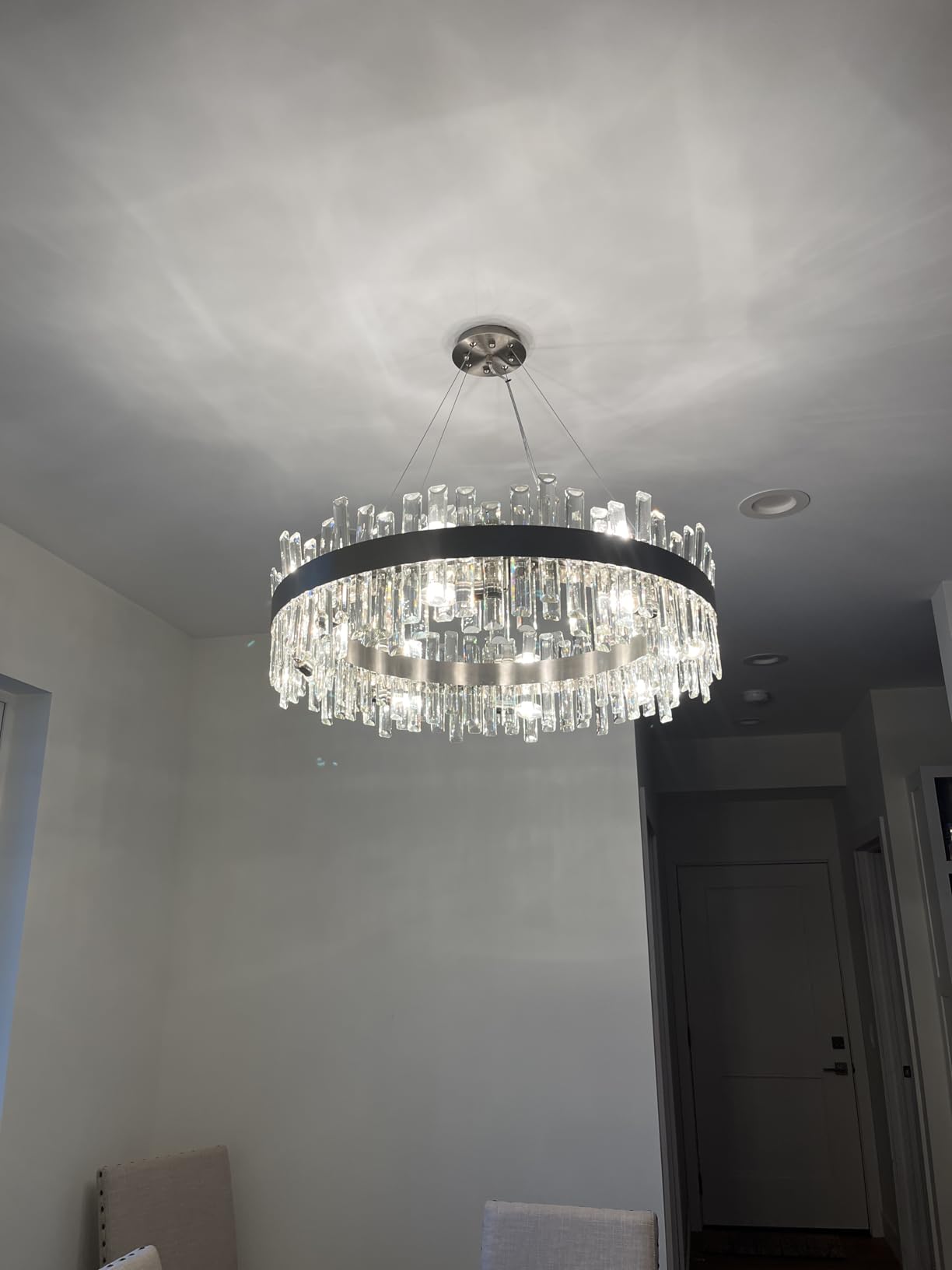 Siljoy Modern Crystal Chandelier 16-Light Brushed Nickel 2-Tiers K9 Crystal Raindrop Chandelier Luxury Flush Mount Crystal Pendant Ceiling Light Fixture for Dining Living Room Entryway Foyer D31.5'' customer photo 2
