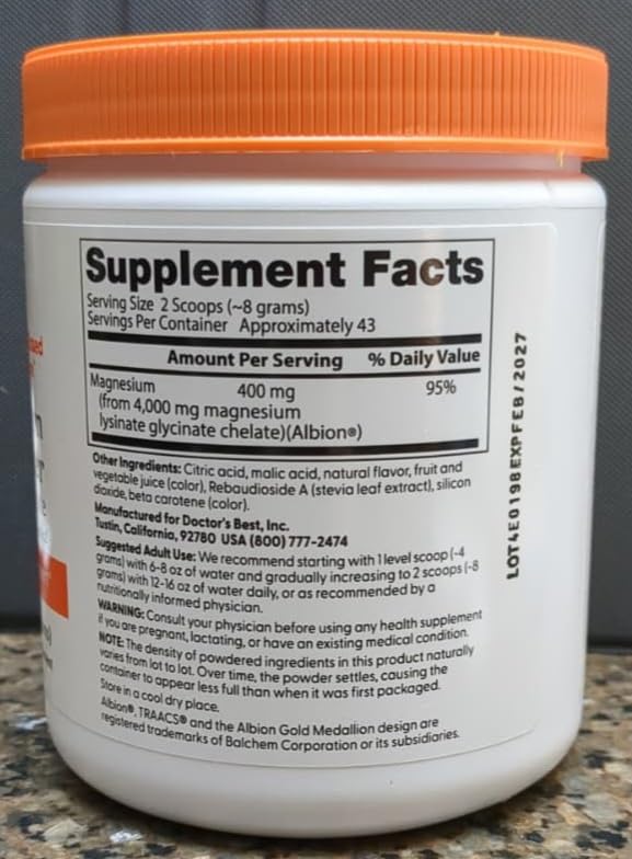 Doctors Best High Absorption Magnesium Powder Lysinate Glycinate 100% Chelated, Muscle Relaxation & Sleep Support, Gluten Free, Vegan, 100% Chelated Net Wt. 12.1 oz (340 Grams), Fruit Punch Flavor customer photo 1