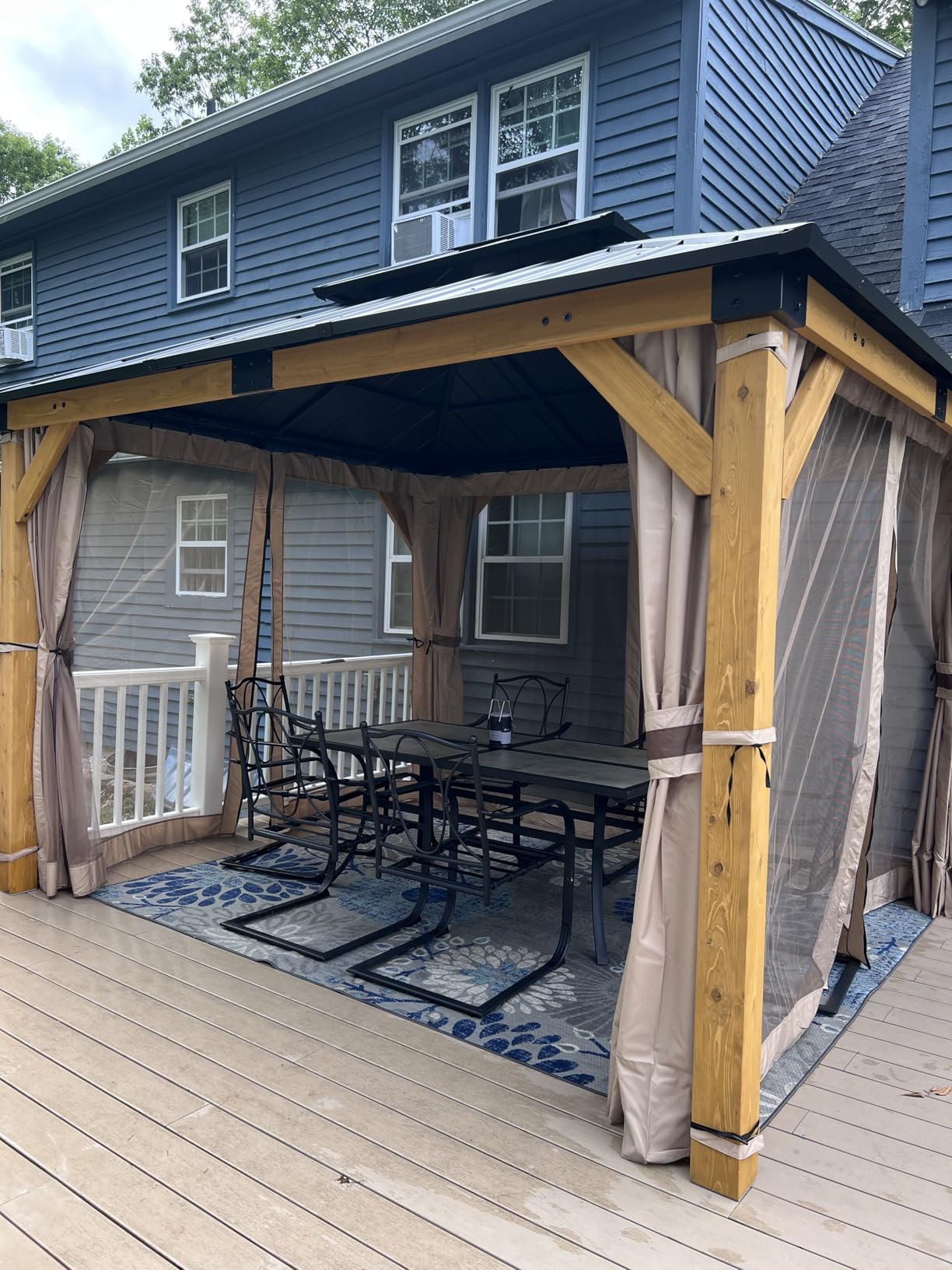 10x12 FT Wooden Hardtop Gazebo,Wood Heavy Duty Solid Cedar Gazebos with Mosquito Netting and Waterproof Curtains,Outdoor Metal Canopy for Deck Patio customer photo 2