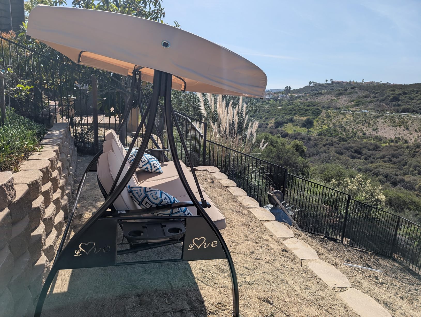 3 Seat Outdoor Porch Patio Swing with Stand 800lbs 2-in-1 Convertible Swing Bed with Adjustable Canopy & Removable Cushion for Yard Garden Deck (Blue, Square Tube) customer photo 2