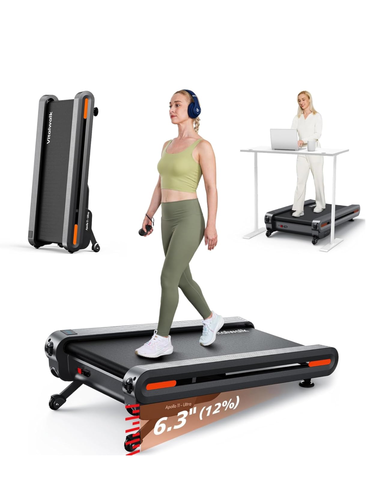 Walking Pad Treadmill with Incline, Full Deck, Auto Incline 12%-20%, 400/350lbs Capacity, Vitalwalk Compact Under Desk Treadmills for Home Office, 3.0HP Brushless, Vertical Store Black Apollo 11 Ultra customer photo 1