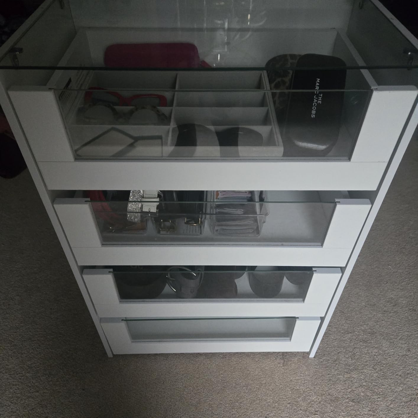 Closet Island with Drawers, Wardrobe Armoire Bedroom Island, Glass Display Shelf & 12 Drawers, White Dresser with Glass Top, Walk-in Closet Island for Bedroom, Cloakroom customer photo 1