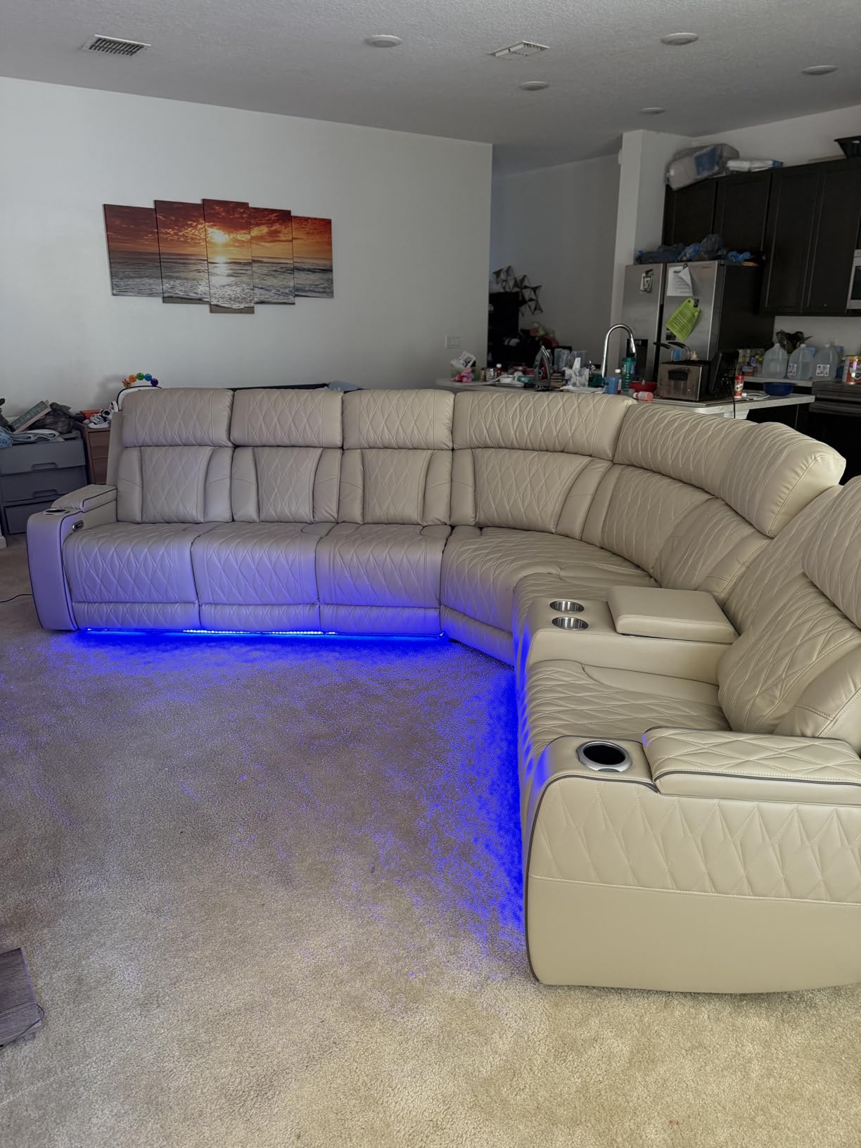 Power Recliner Sofa Sectional Sofa with LED Light for Living Room, Air Leather Reclining Corner Sectional Sofa Set, Cup Holder, Storage Console for Home Theater Seating (Beige, Sectional) customer photo 2