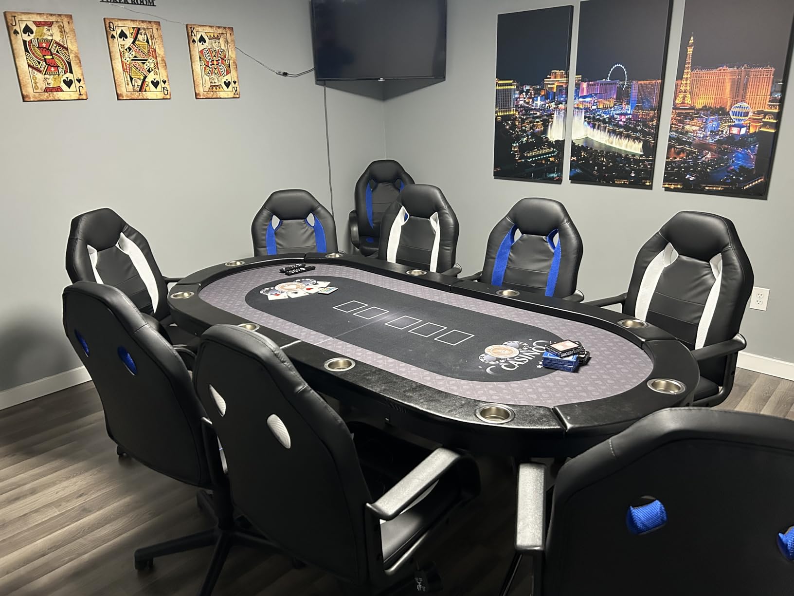 LED Poker Table, 84 inch 10 Player Foldable Texas Hold'em Table w/Inlaid LED Light, 2 USB and 2 Type-c Ports, Portable Blackjack Table for Texas Card Game w/Cup Holders and Padded Rails (Black) customer photo 1
