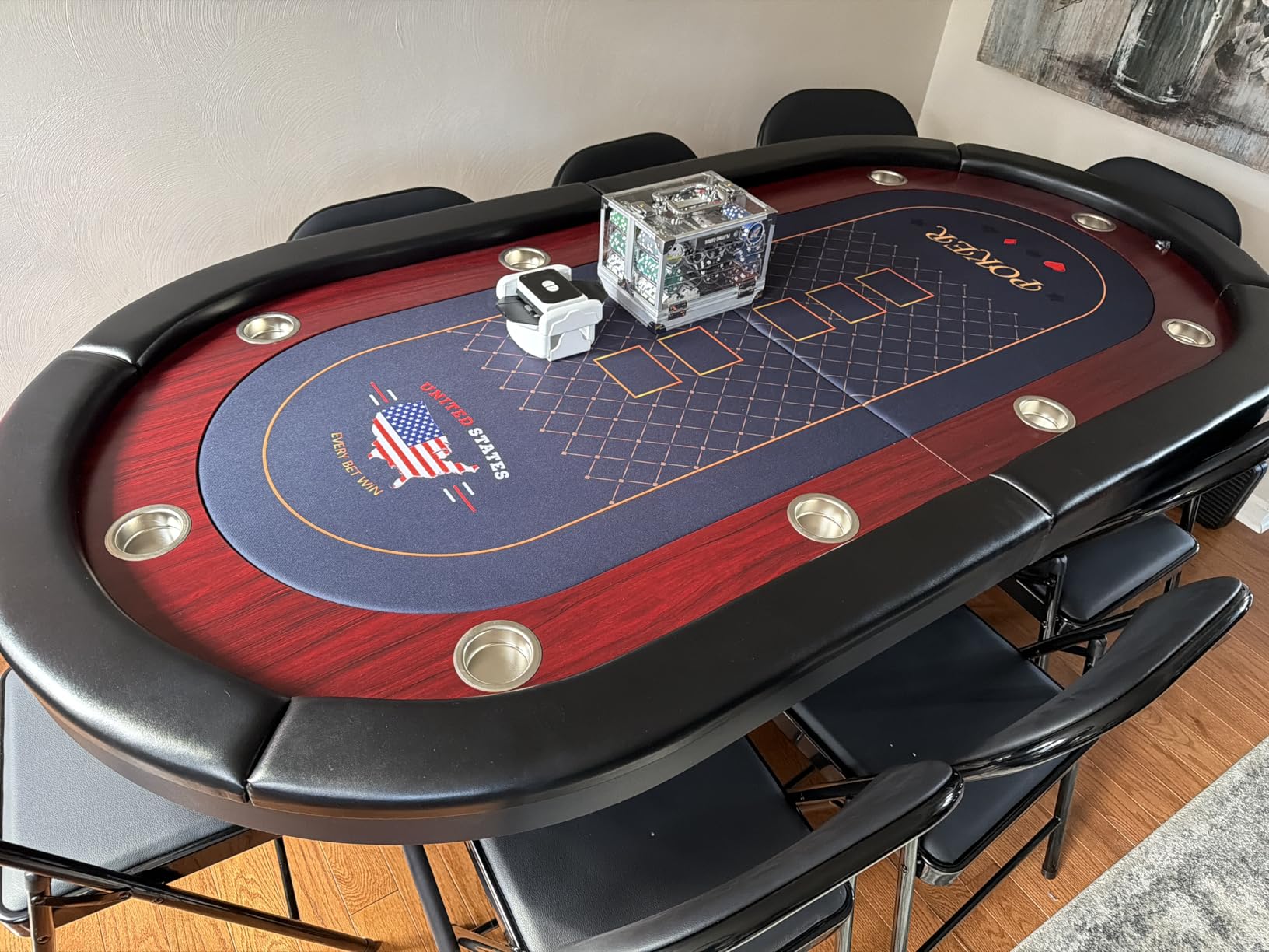 LED Poker Table, 84 inch 10 Player Foldable Texas Hold'em Table w/Inlaid LED Light, 2 USB and 2 Type-c Ports, Portable Blackjack Table for Texas Card Game w/Cup Holders and Padded Rails (Black) customer photo 2