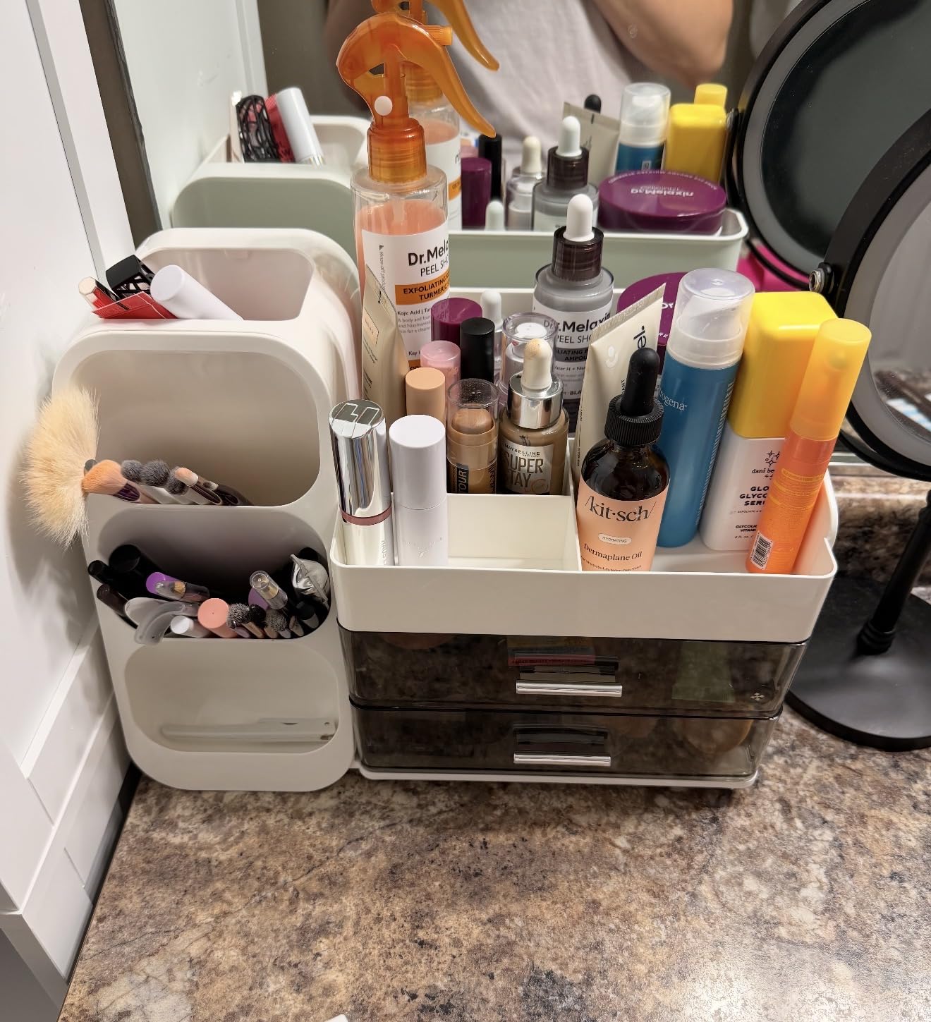Makeup Organizer for Vanity with Brush Holder, Countertop Skincare Organizer with 2 Drawers, Spacious Cosmetic Display Case for Perfumes, Eyeshadow Palettes, Nail Polishes customer photo 1