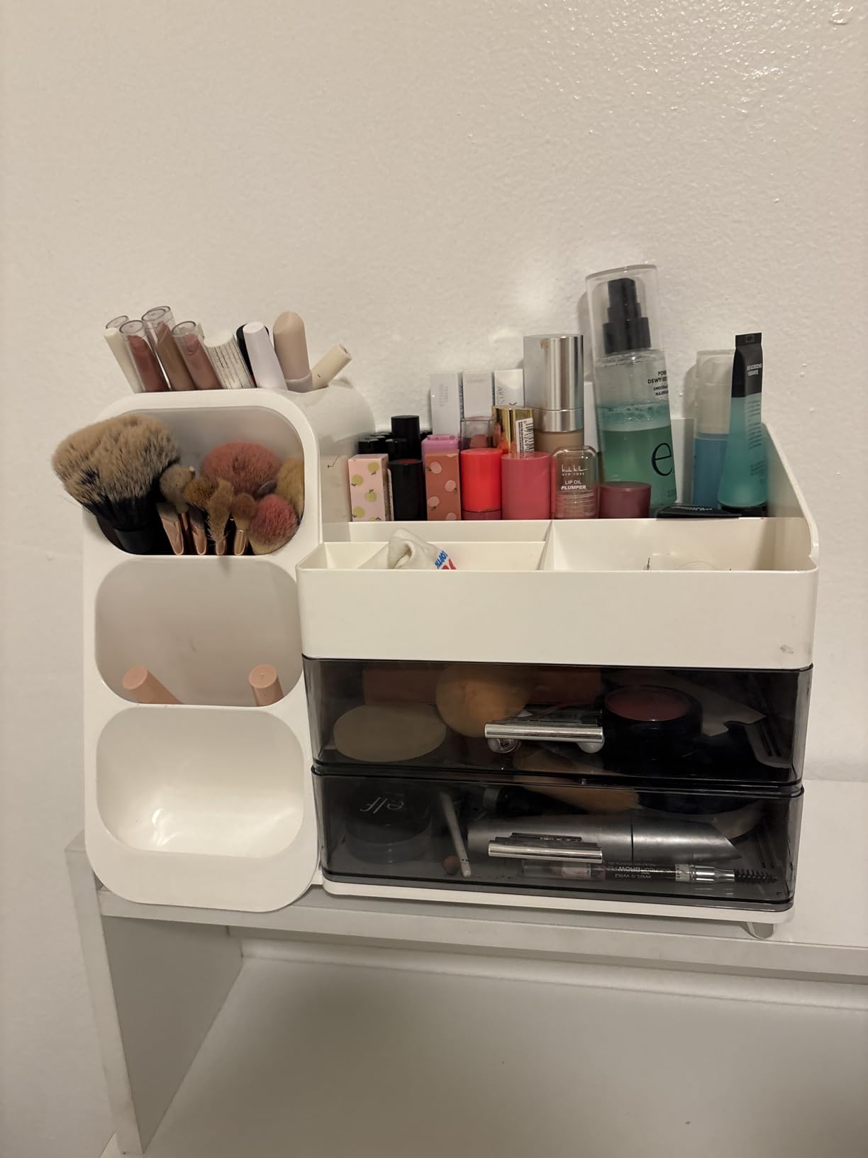 Makeup Organizer for Vanity with Brush Holder, Countertop Skincare Organizer with 2 Drawers, Spacious Cosmetic Display Case for Perfumes, Eyeshadow Palettes, Nail Polishes customer photo 2