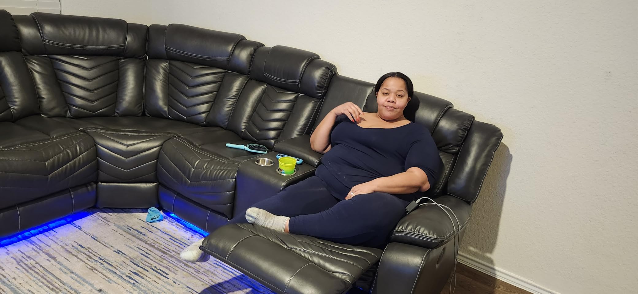Power Recliner Sectional Sofa Couches with Bass Speakers for Living Room, Faux Leather Reclining Corner Sectionals Sofa Couch Sets with LED Light, Electric Theater Recliners Home,White customer photo 1