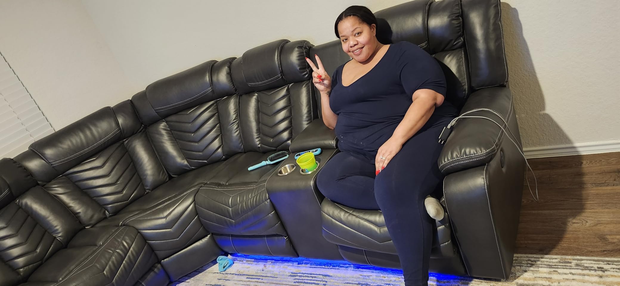 Power Recliner Sectional Sofa Couches with Bass Speakers for Living Room, Faux Leather Reclining Corner Sectionals Sofa Couch Sets with LED Light, Electric Theater Recliners Home,White customer photo 2