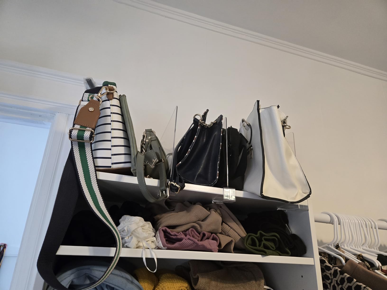 Shelf Dividers Purse Organizer for Closet: 8-Pack Acrylic Bag Storage Organizer for Handbags, Clutches, Clothes, Sweater, Towel on Wood Shelves customer photo 2