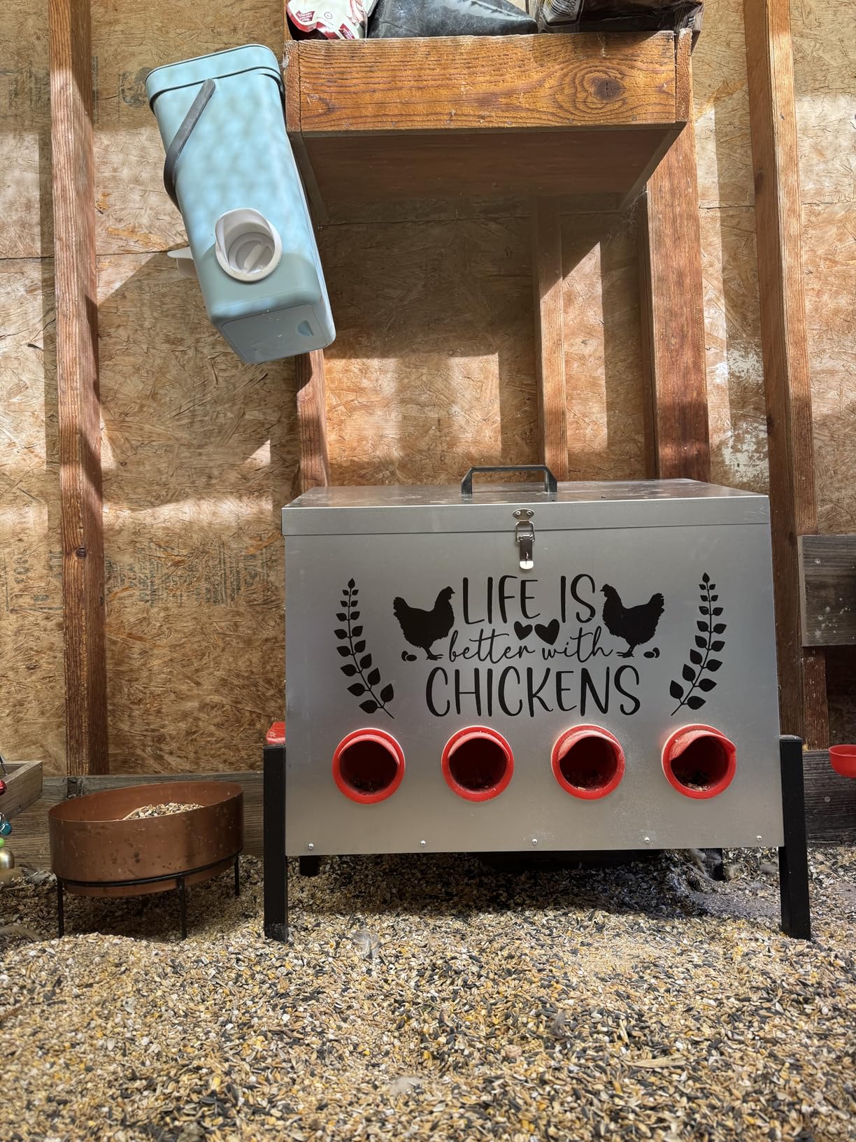 TGEYD 30 lb Chicken Feeder with 6 No-Waste Ports - Heavy-Duty Outdoor Metal Feeder with Adjustable Height, Locking Lid & Riveted Handles - Rustproof Feed Box for Poultry & Backyard Chickens customer photo 1