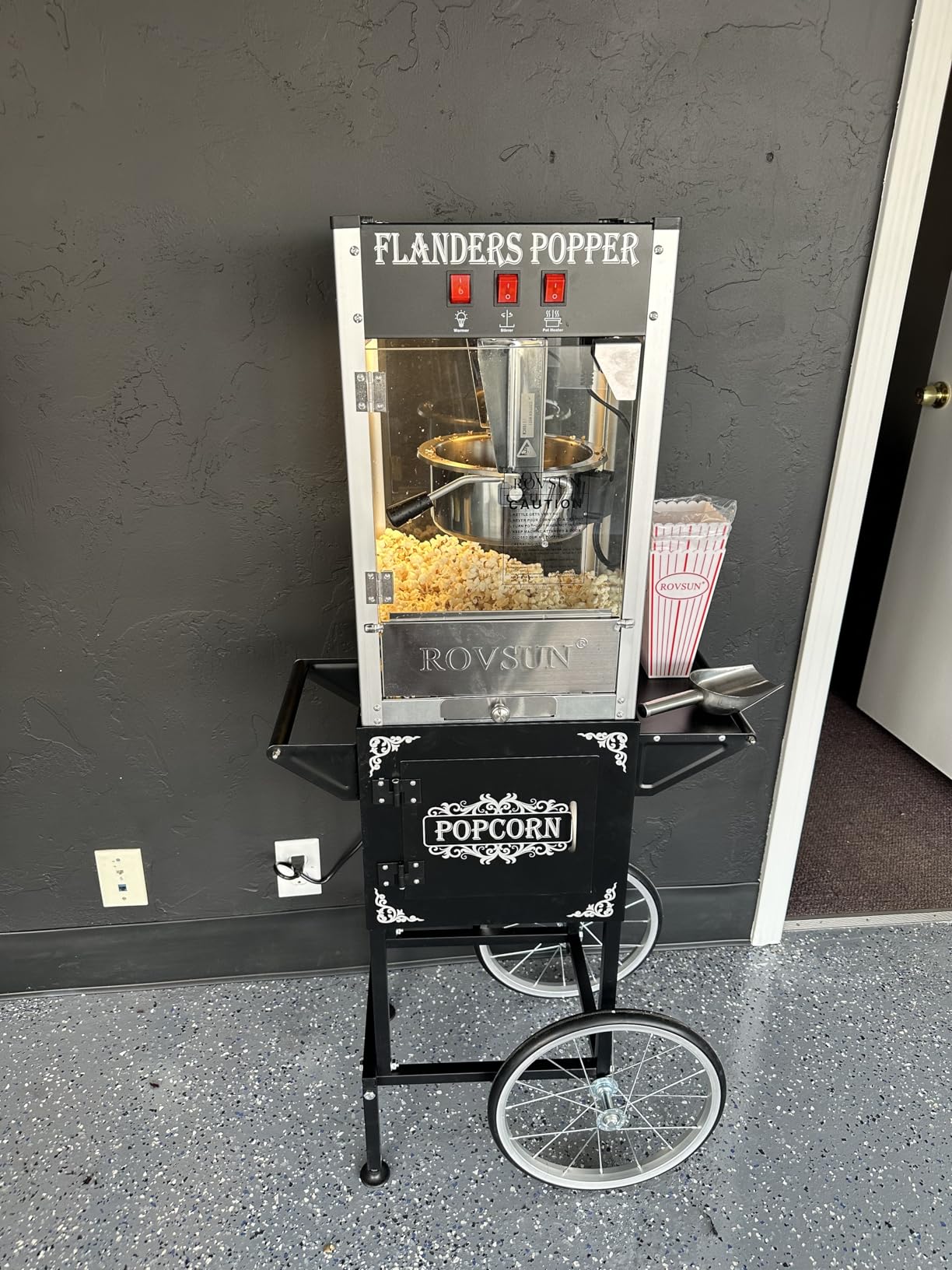 ROVSUN Popcorn Machine Cart with Candy Dispenser, 8 Oz Kettle Makes Up to 32 Cups ETL, Vintage Popcorn Maker w/Scoop, Oil Spoon, Bags & Cups, Movie Theater Style Popper for Commercial Home, Black customer photo 2