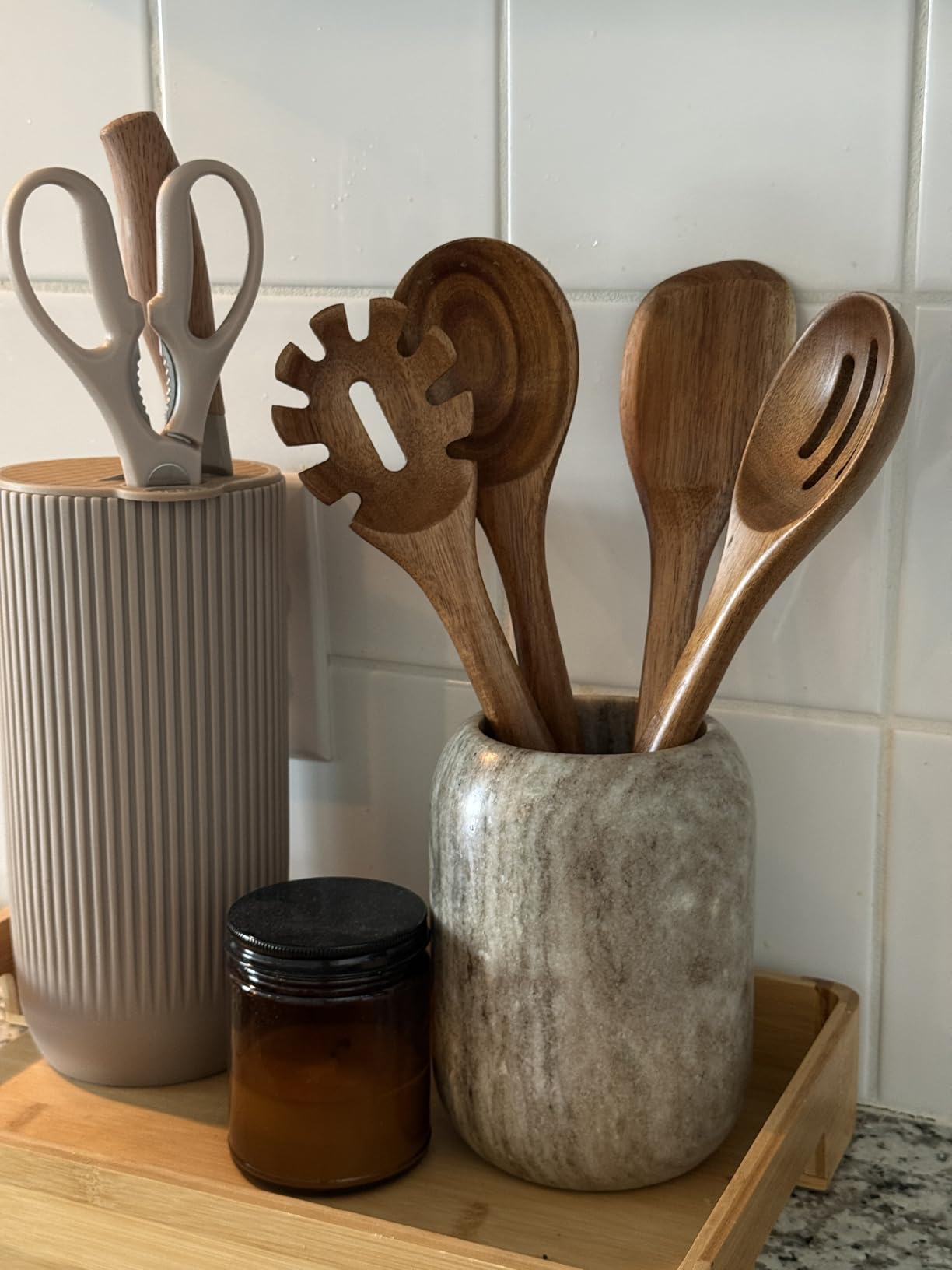 CAROTE Wooden Kitchen Utensils Set, Acacia Wood 8pcs Cooking Utensil Set for Nonstick Cookware, Long-lasting Wooden Spoons for Cooking, Spatula, Turner customer photo 1