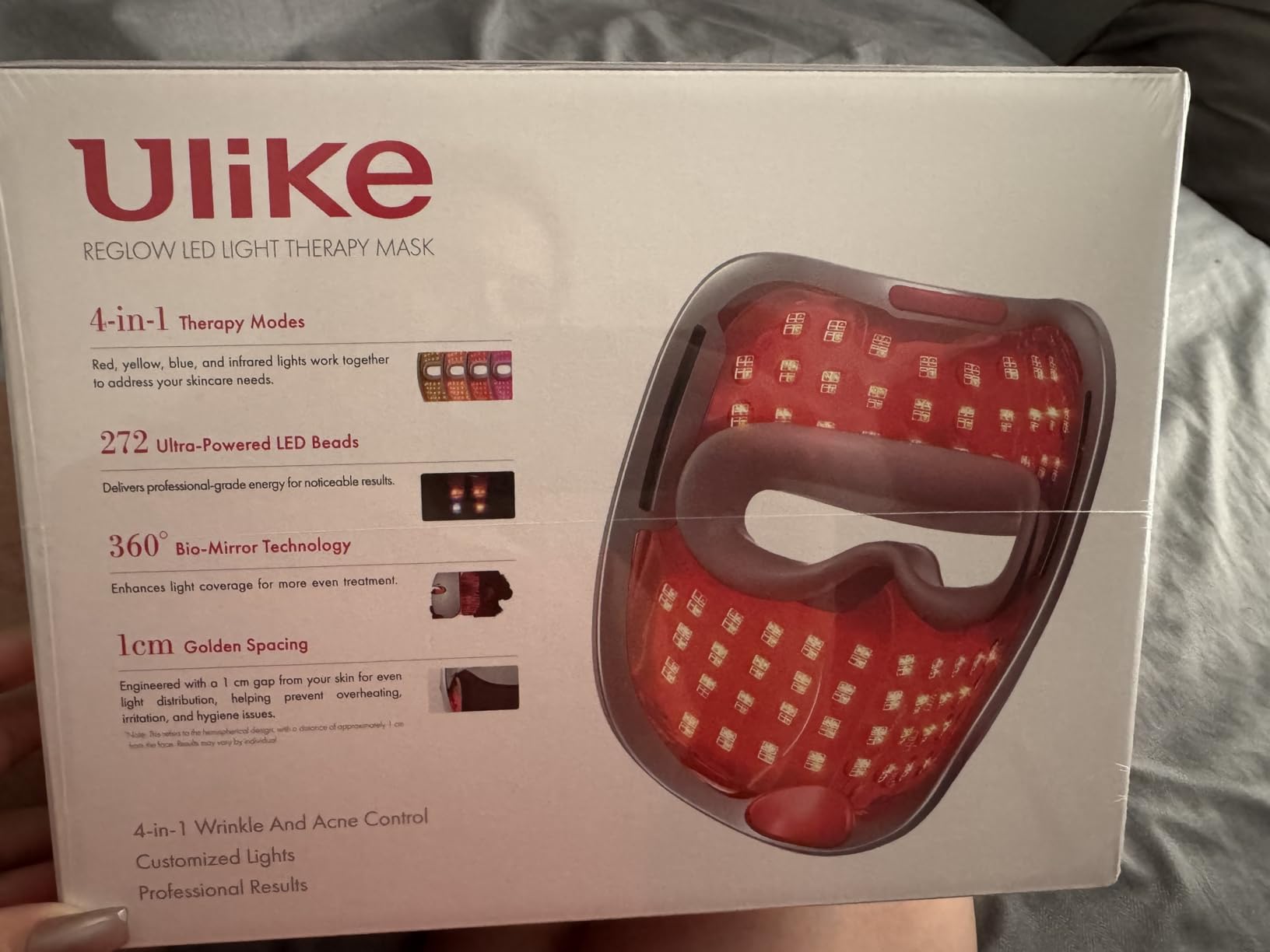 Ulike ReGlow LED Light Therapy Mask, Red Light Therapy for Face, 4 Modes with Red, Blue, Yellow & Infrared Lights for Reduce Acne & Anti-Aging, Eye-Protection, 272 Beads, Remote Control, White customer photo 1