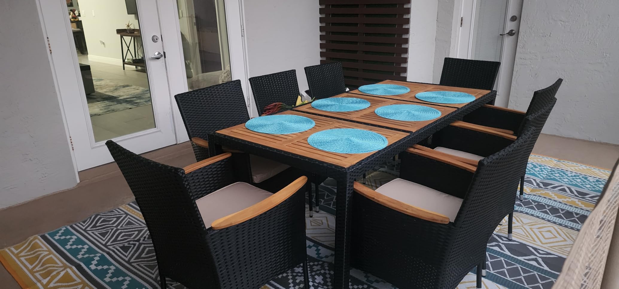 Greesum 9 Pieces Outdoor Patio Dining Set, Conversation Sets with 1 Table and 8 Rattan Chairs with Curved Acacia Wooden Armrests and Cushions, Black customer photo 1