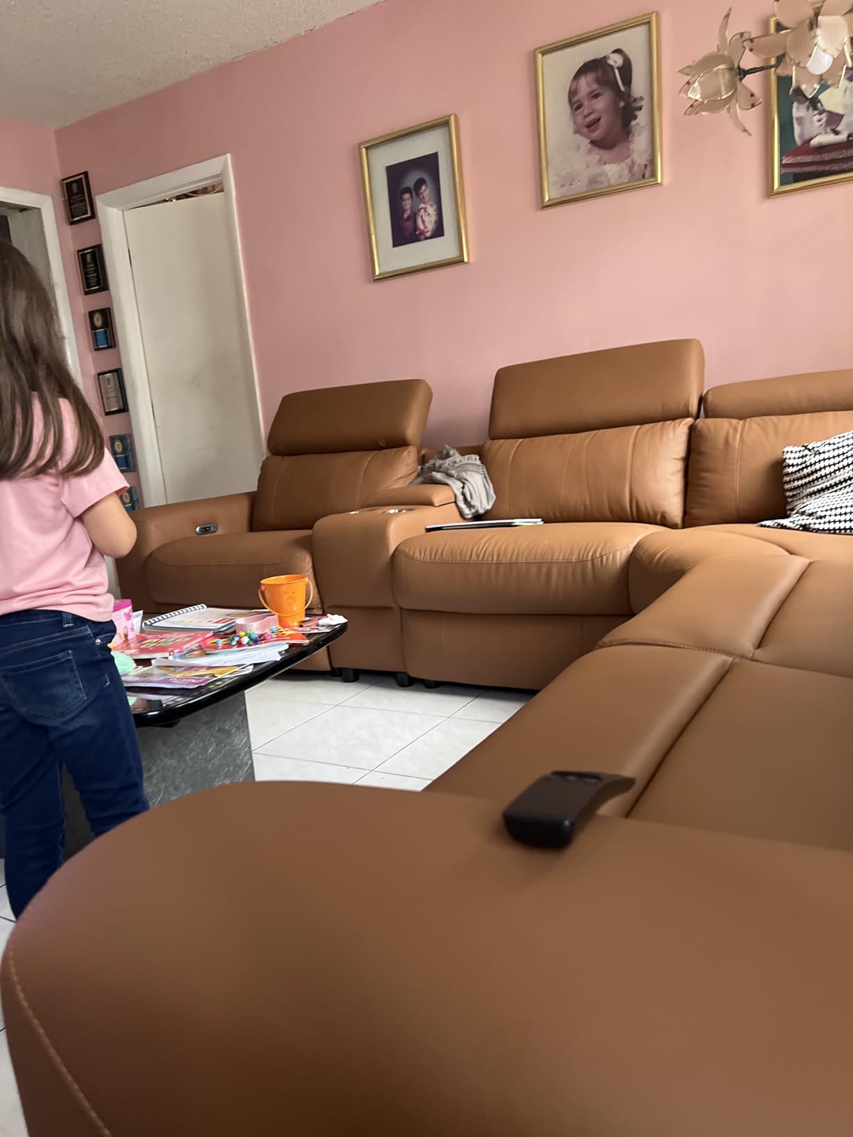 AMERLIFE Power Recliner Sofa, Electric Reclining Sofa with Console & Dual Recliner, Leather Sectional Couch for Living Room, Grey customer photo 2